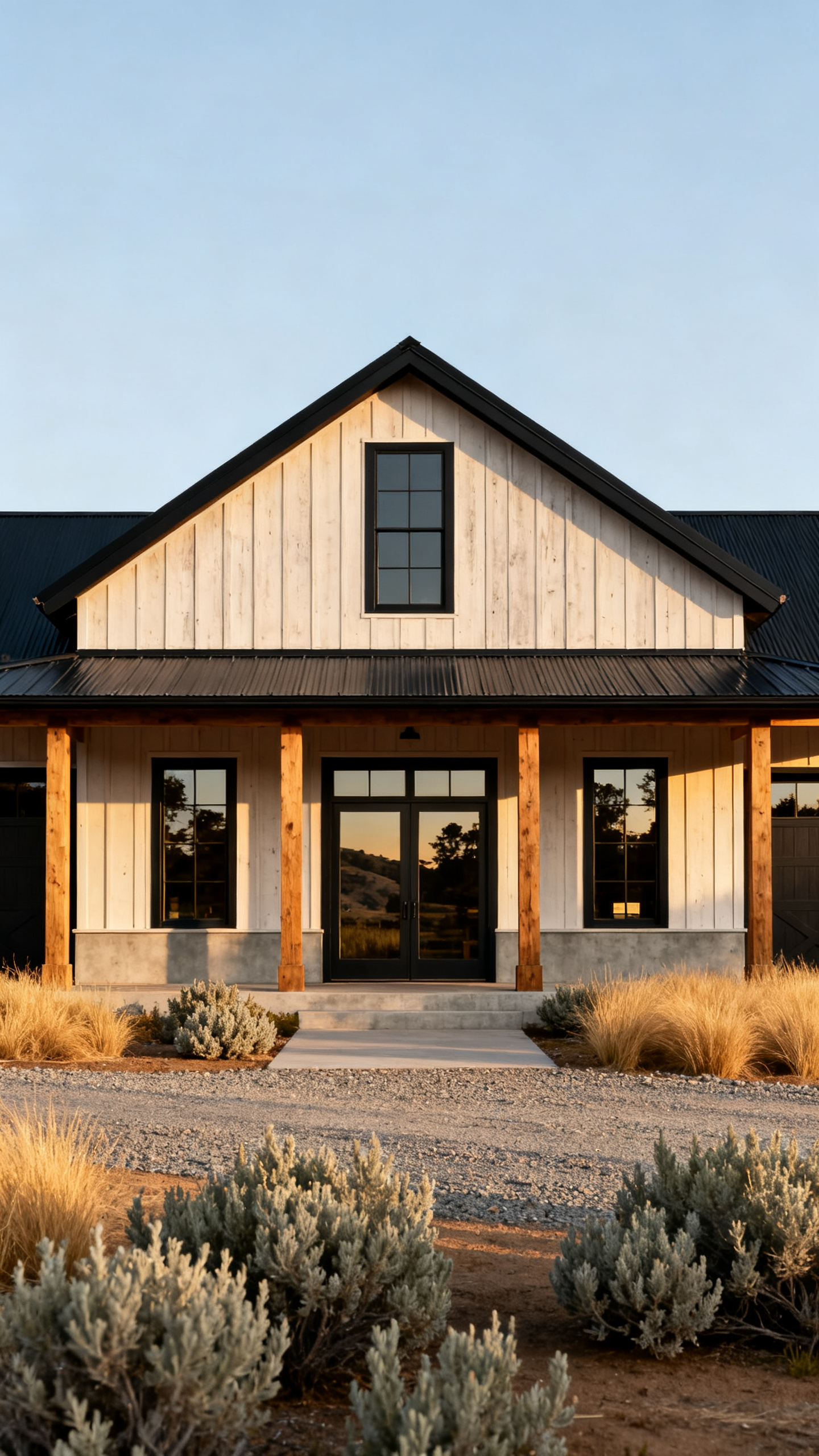 Modern farmhouse with wood siding, black metal roof, large front windows, and natural landscaping, pictured under clear sky.
