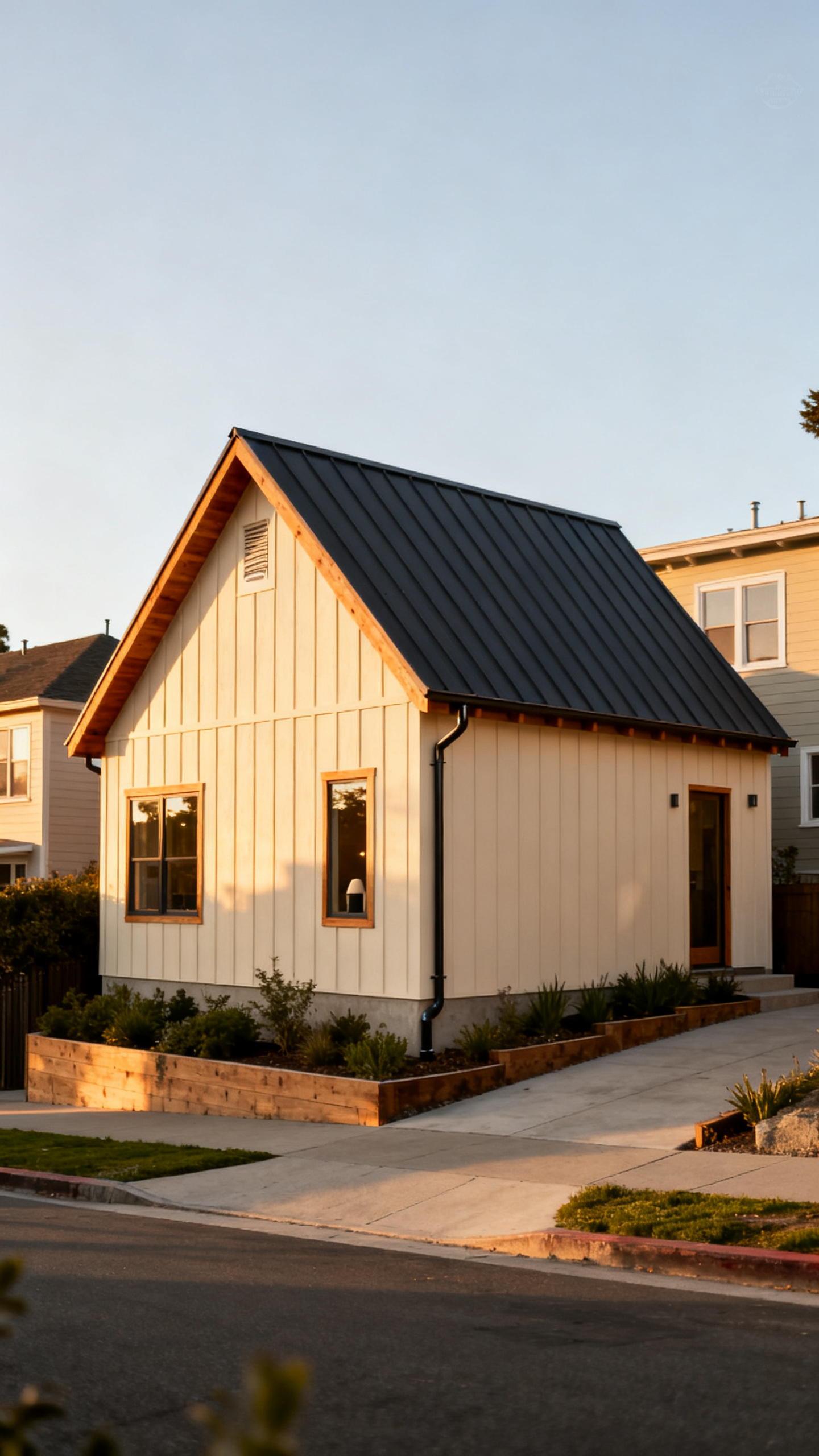 A small, modern, cream-colored house with a steep black metal roof, wood trim, and raised garden beds, situated in a suburban neighborhood at sunset.