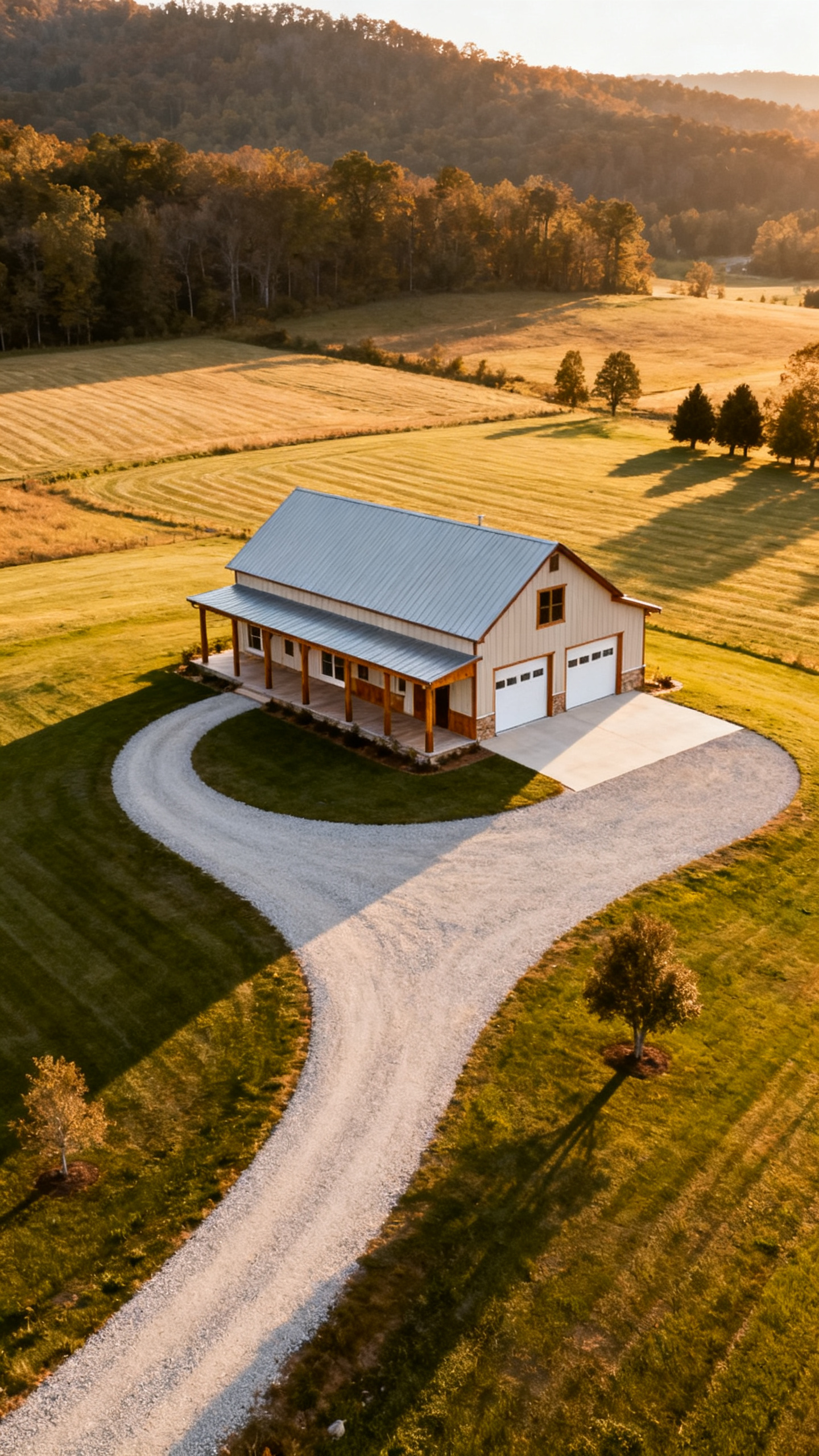 Curved driveway leading to a West Virginia barndominium on a rural lot