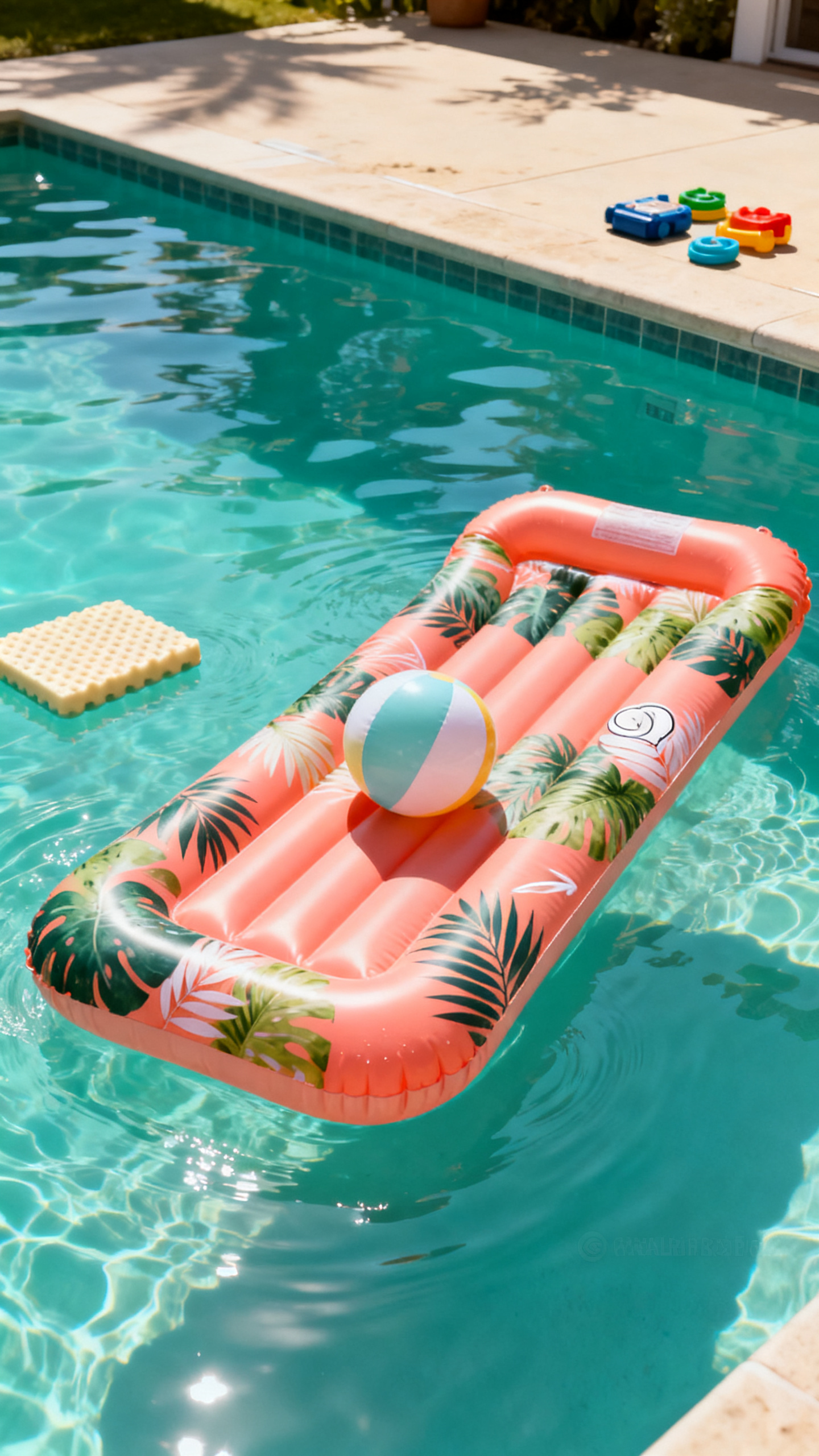 Swimming ideas with an inflatable float and pool ball for a balance game