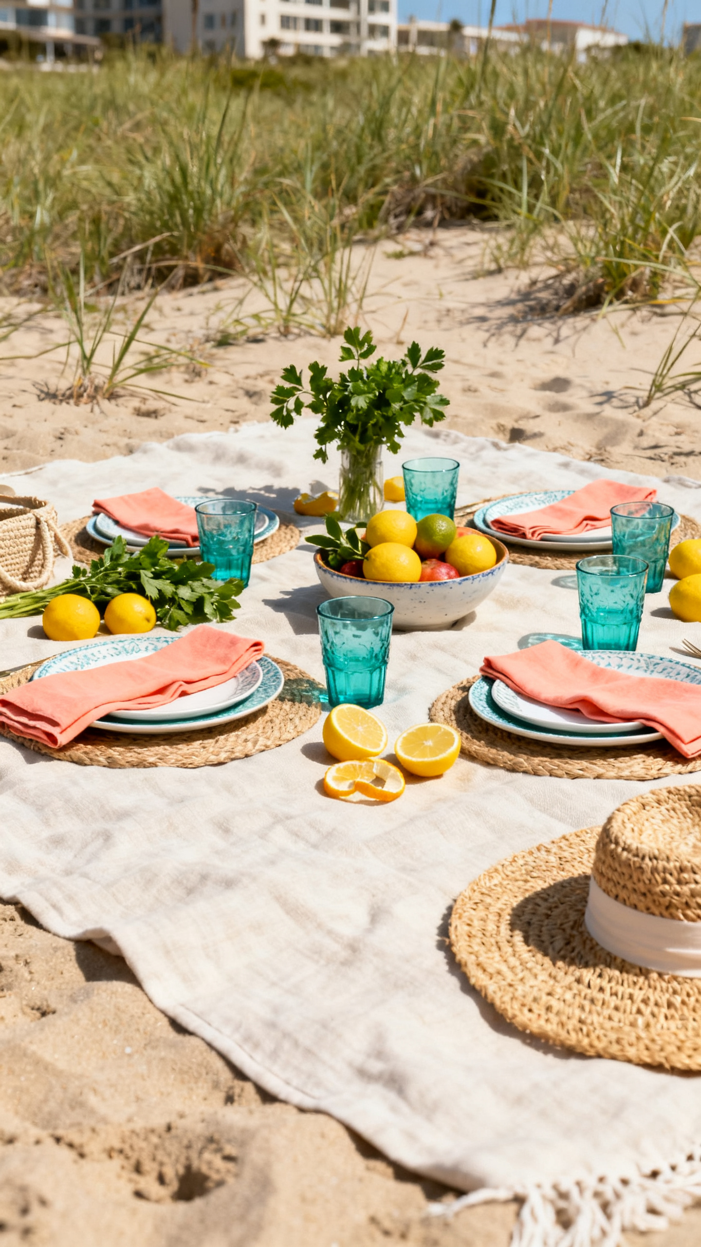 Summer ideas color palette with coral, yellow, turquoise, and natural picnic textures