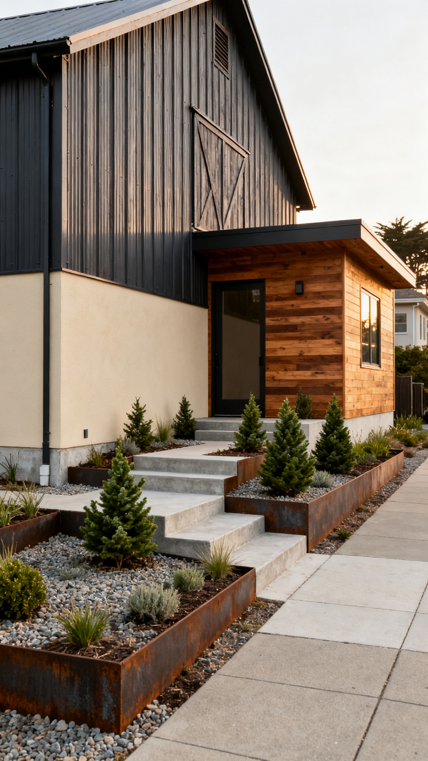 San Francisco barndominium with structured planters and compact city landscaping