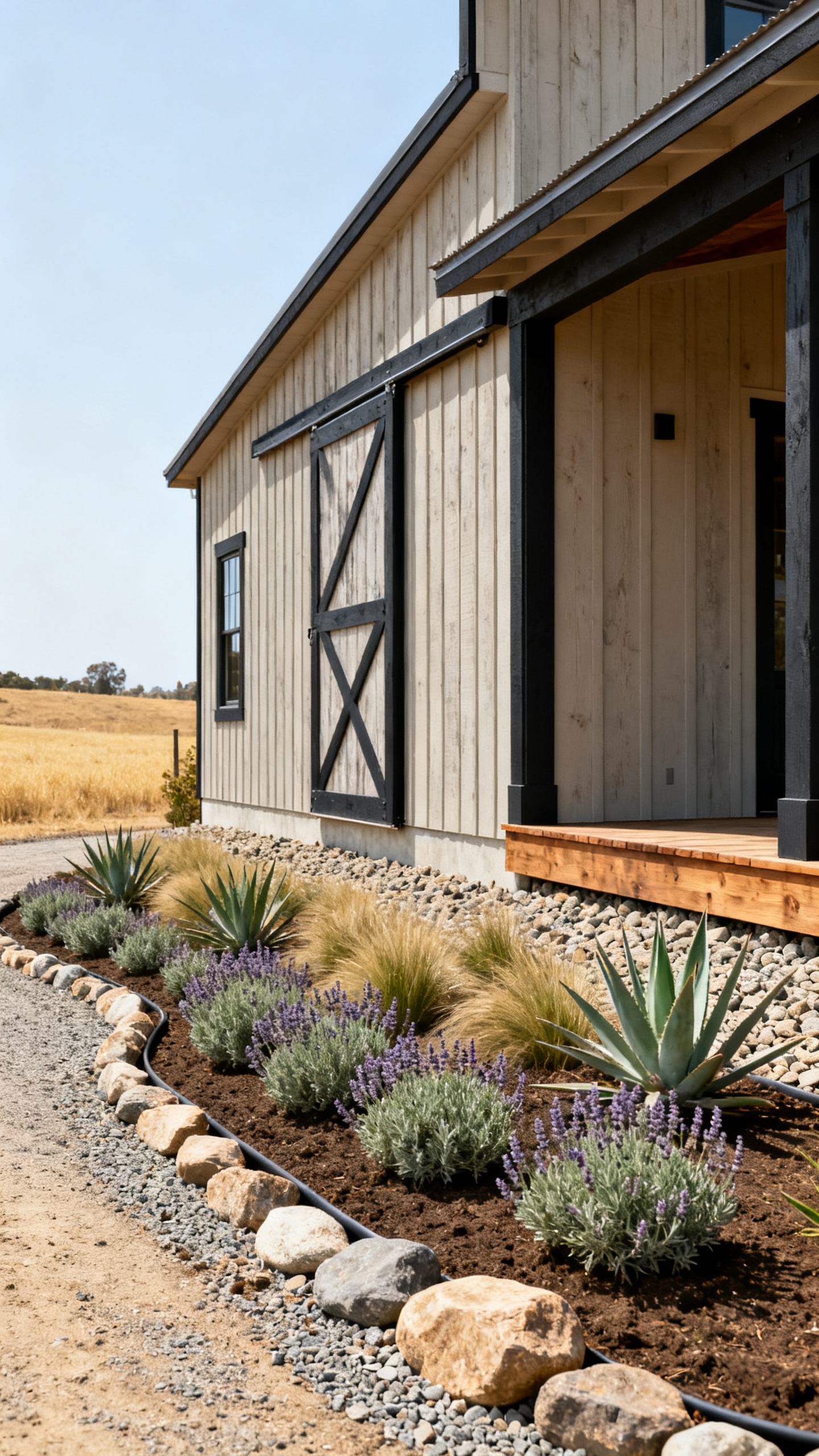 California barndominium landscape with gravel, sage plants, grasses, and boulders