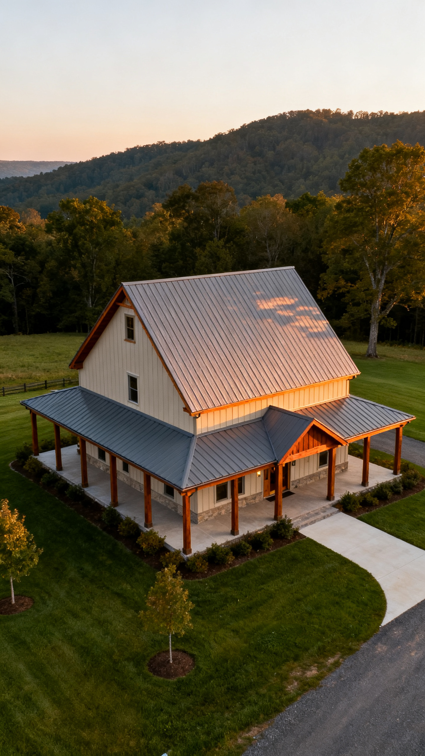 Clean metal rooflines on a West Virginia barndominium seen from above