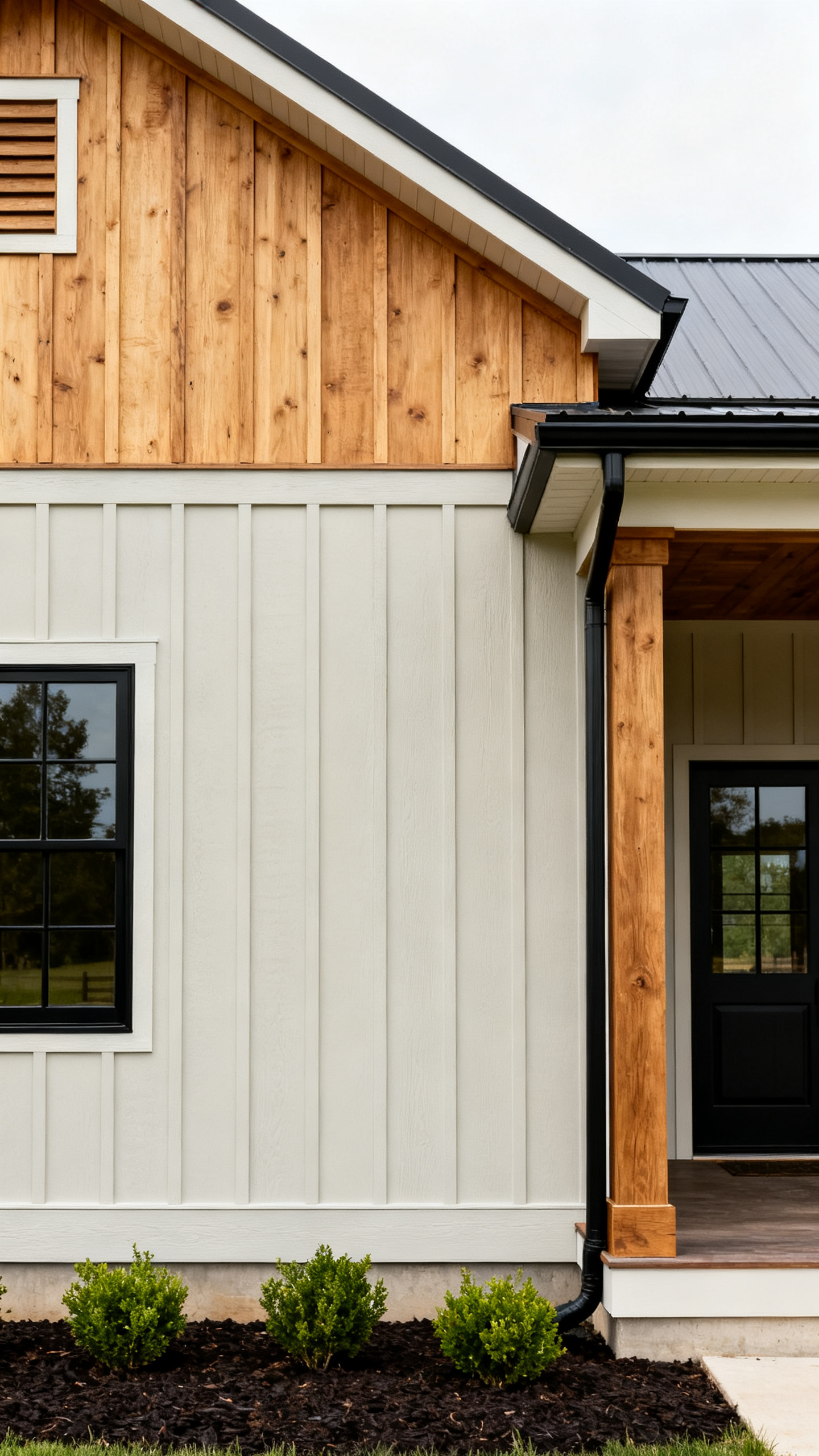 Barndominium exterior siding with board-and-batten walls and warm wood accents