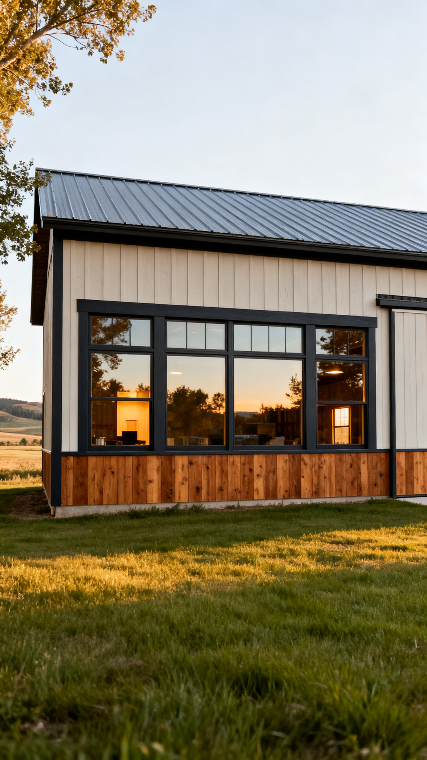 Idaho barndominium exterior with large aligned windows and rural views