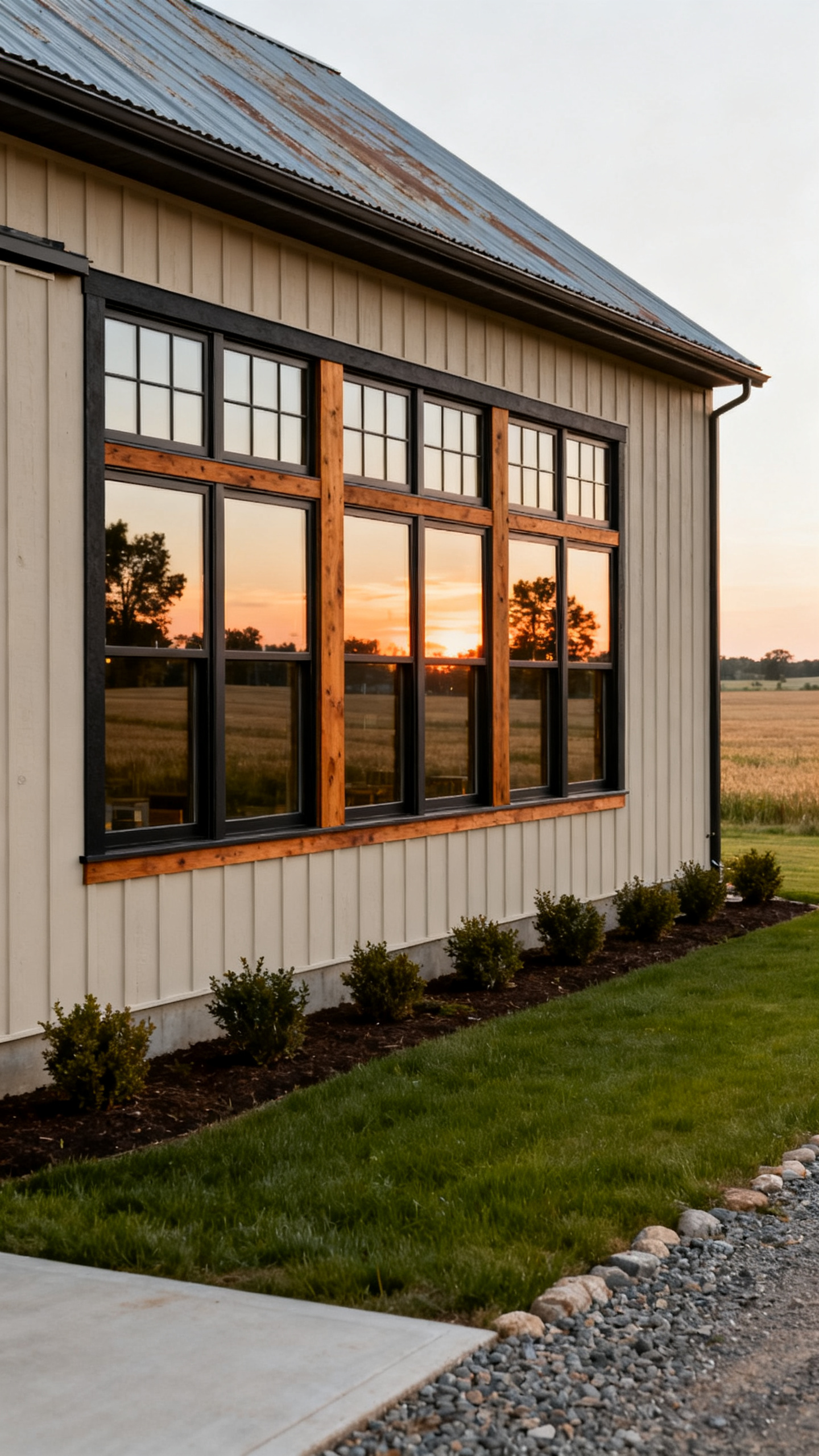 Wisconsin barndominium exterior with aligned large windows facing rural views