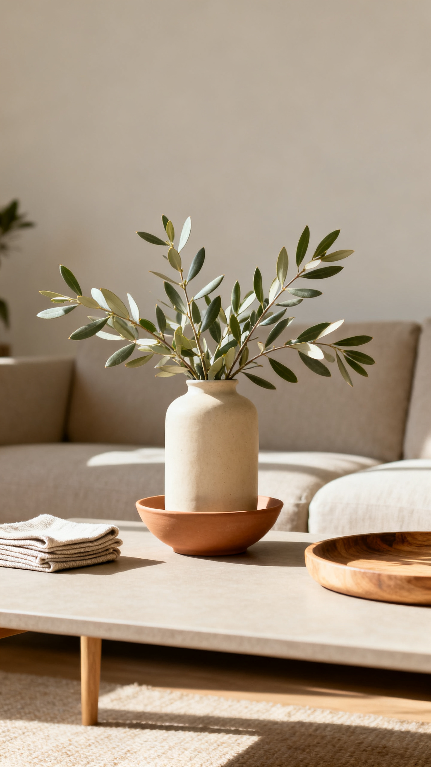 Cozy home refresh August greenery in ceramic vase with open coffee table styling