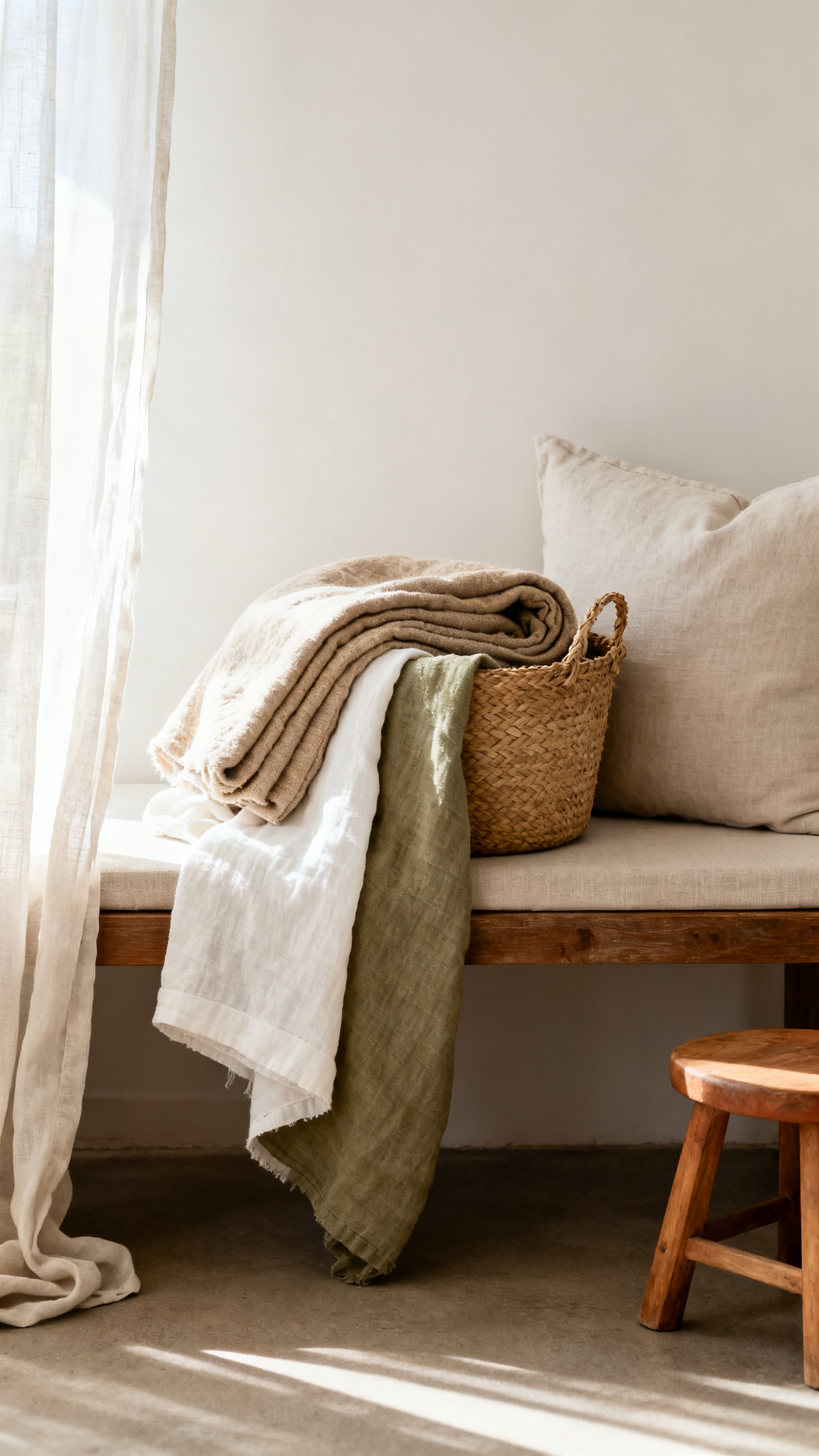 Cozy home refresh August fabric swap with linen throws, cotton pillows, and woven basket