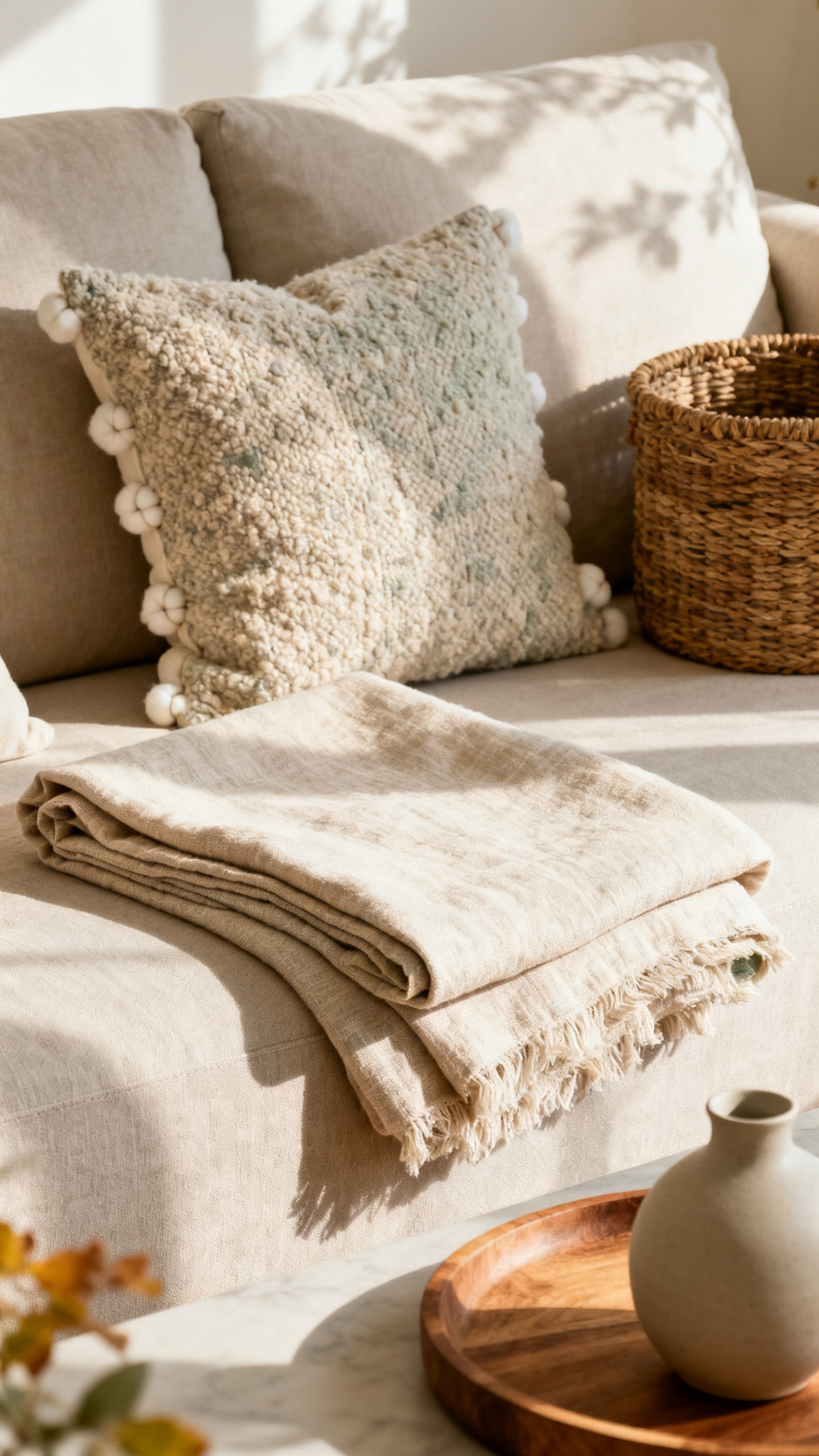 Cozy home refresh August textures with linen throw, neutral pillows, tray, and woven basket