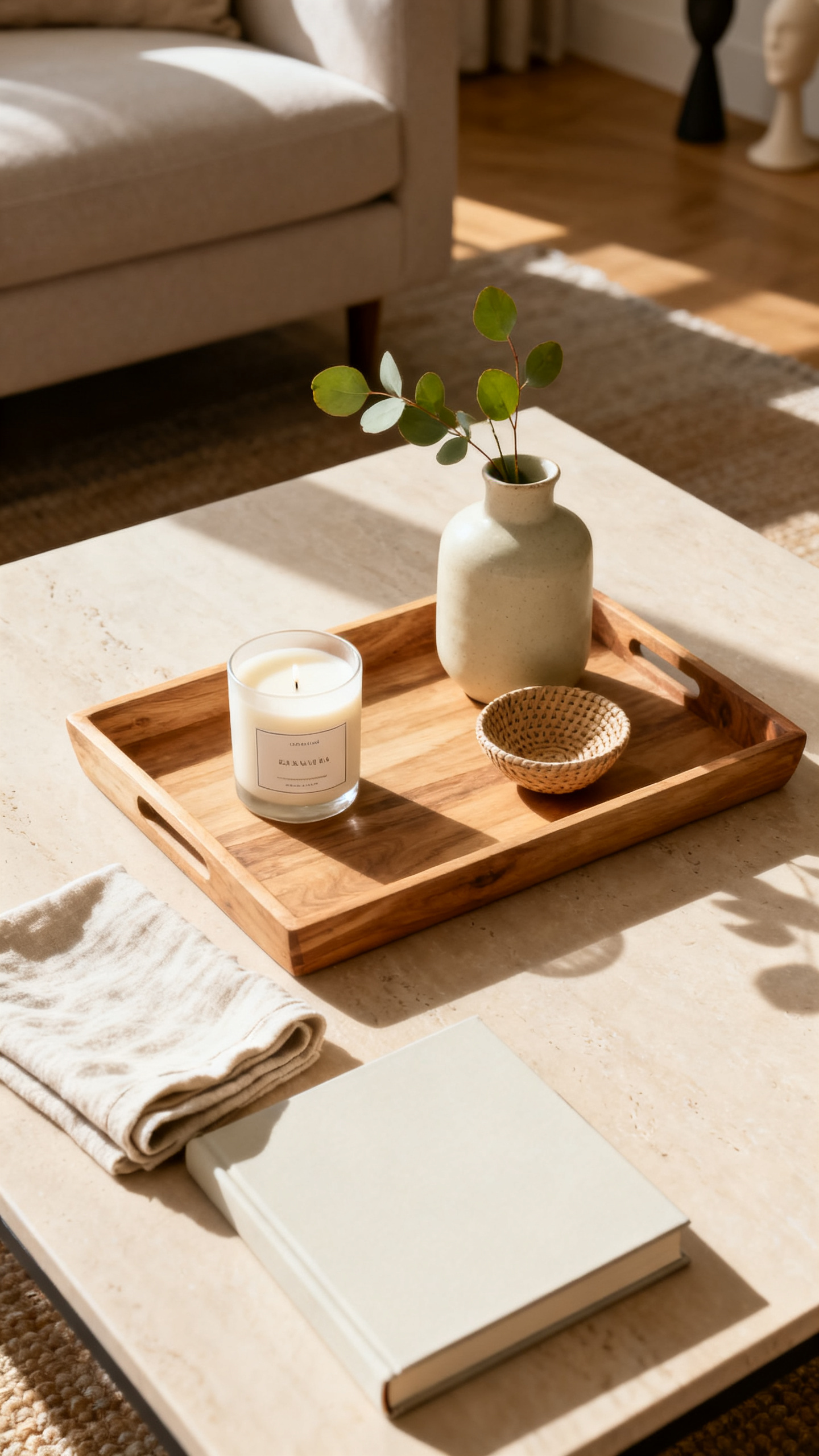 Cozy home refresh August tabletop with tray, candle, ceramic vase, linen, and wood accents