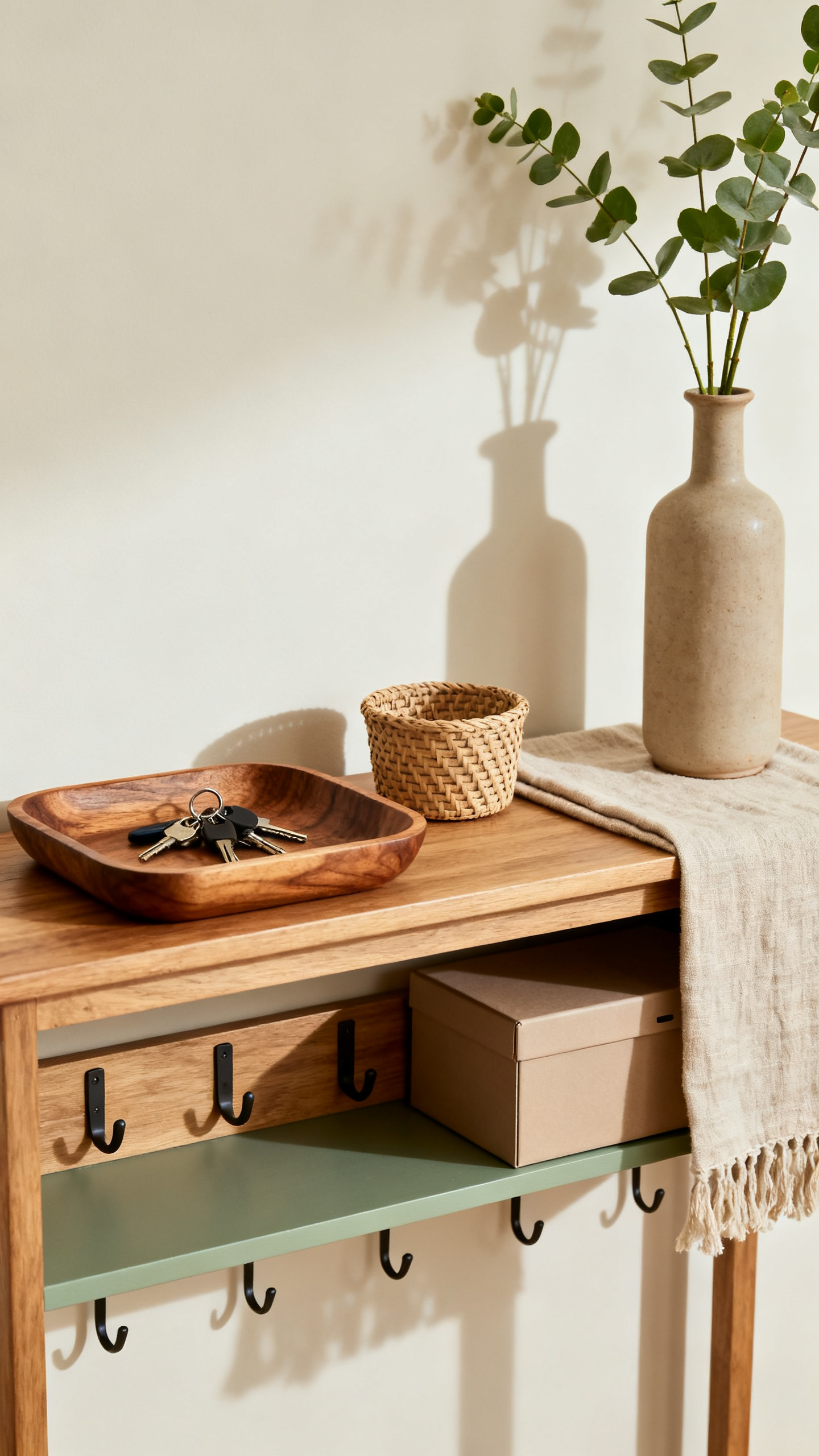 Cozy home refresh August entry drop zone with tray, basket, vase, and linen runner