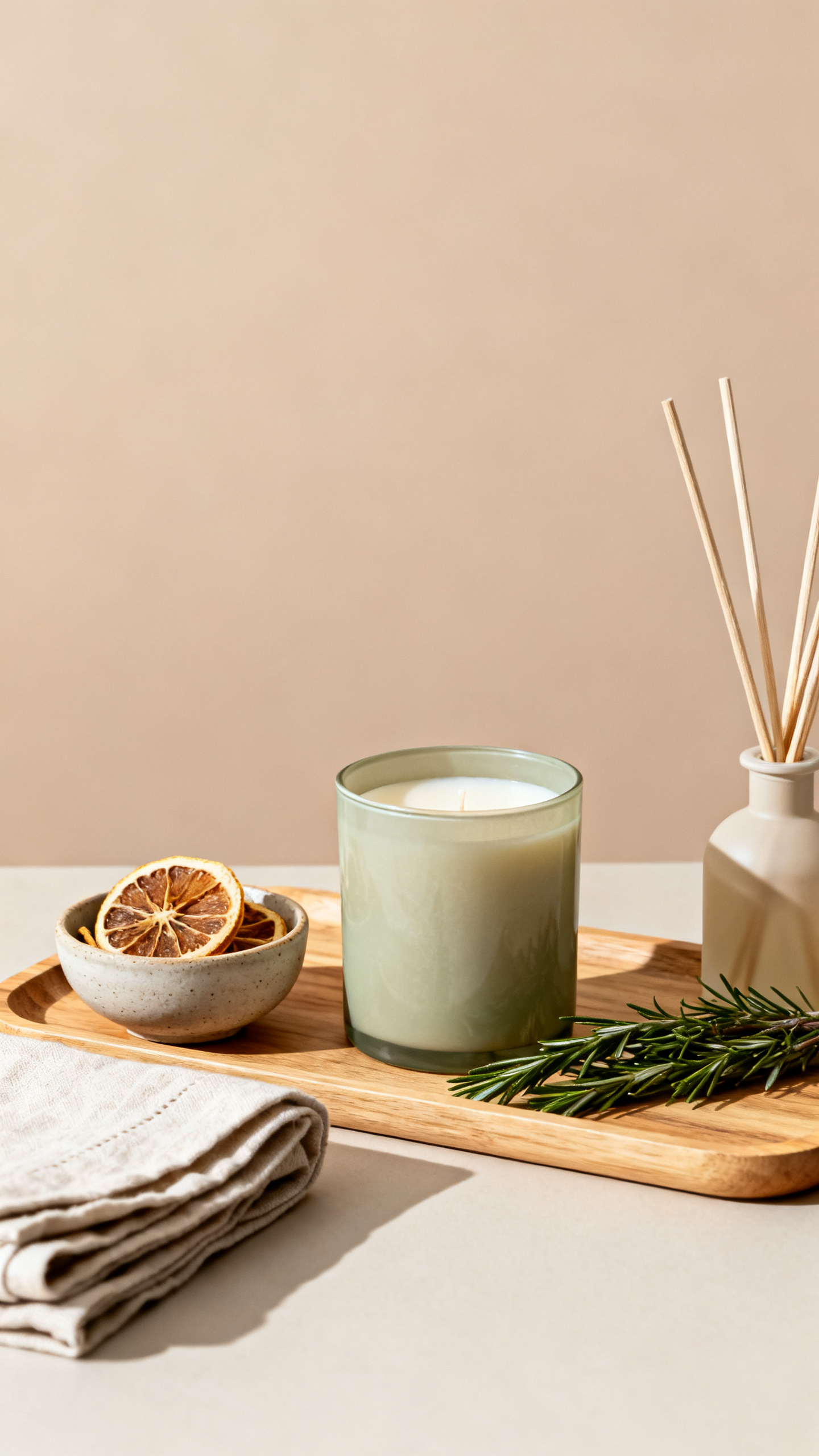 Cozy home refresh August scent setup with candle, herbs, citrus, linen, and wood tray