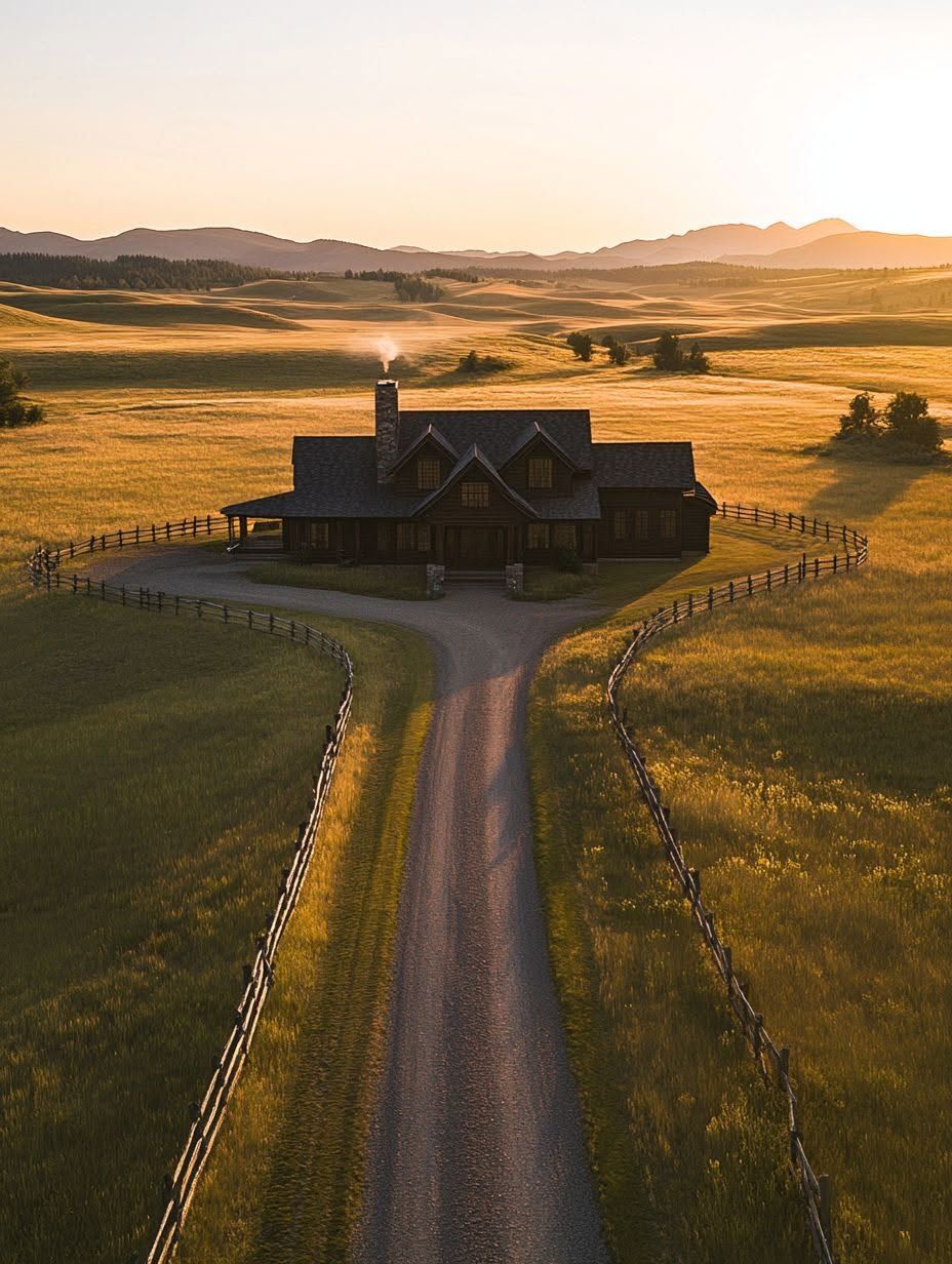 A long driveway leads to a house surrounded by wooden fences and grassy fields, with mountains and the setting sun in the background.