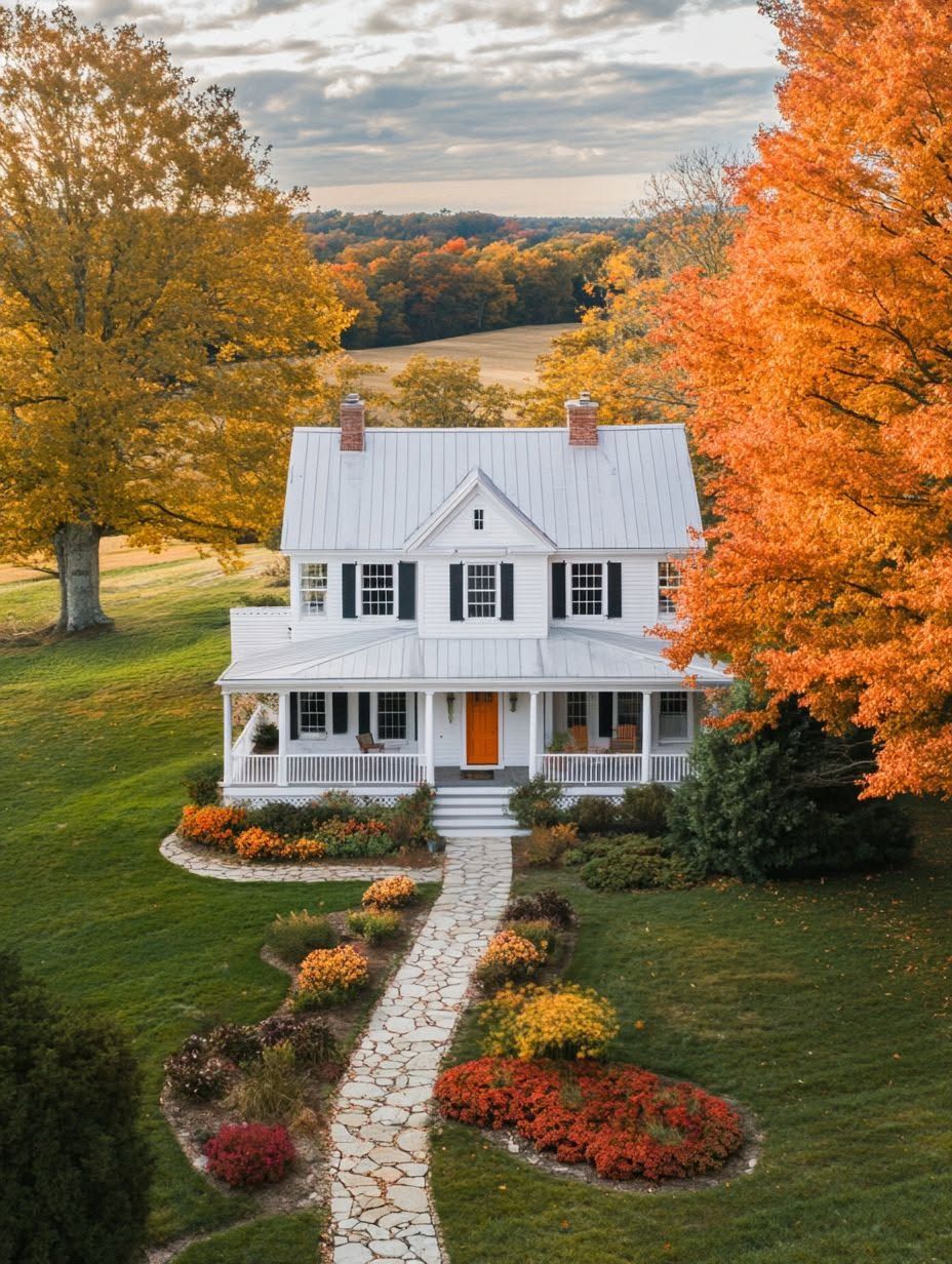 White two-story house with a front porch and orange door, surrounded by autumn trees and colorful landscaping, viewed from above.