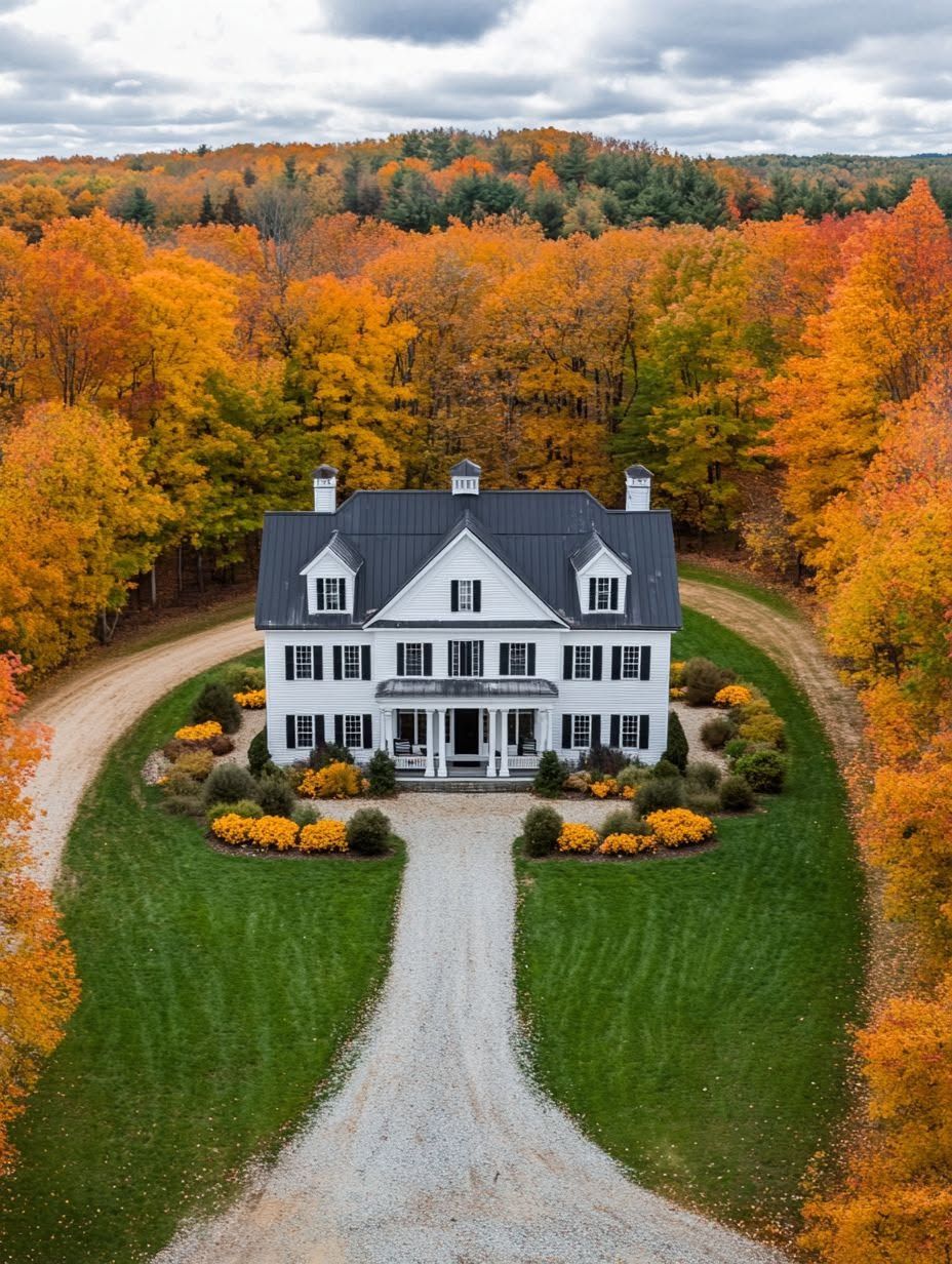 An aerial view of a white two-story house with black shutters, surrounded by autumn trees and a curved gravel driveway.
