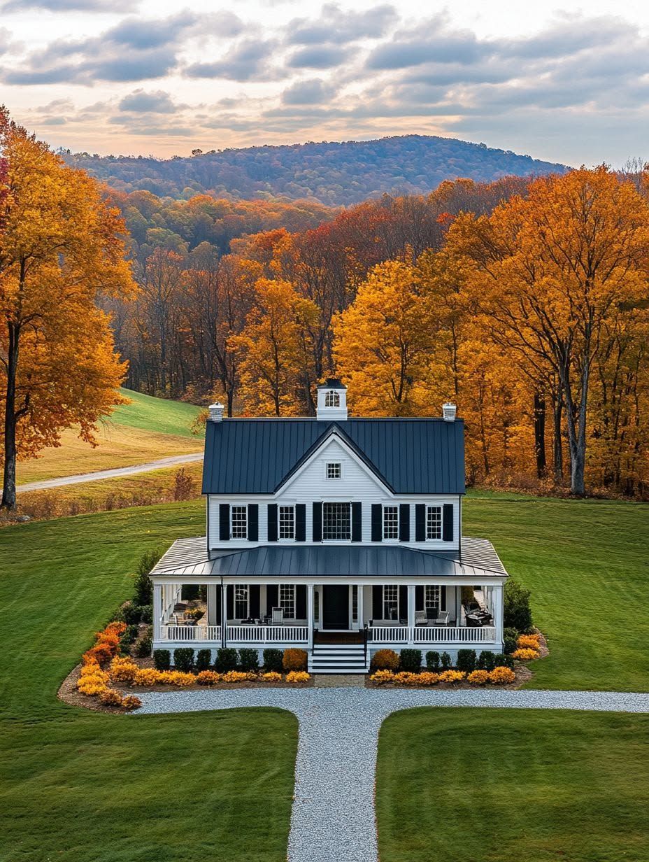 A white two-story house with a porch sits on a manicured lawn, surrounded by autumn trees with orange leaves and hills in the background under a partly cloudy sky.