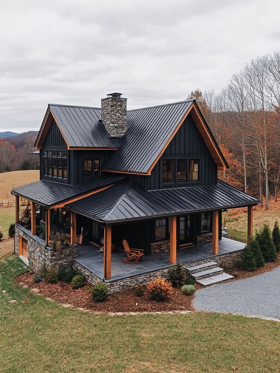 A two-story modern farmhouse with dark siding, a metal roof, stone chimney, wraparound porch, and wooden accents, set in a rural landscape with trees and grass.
