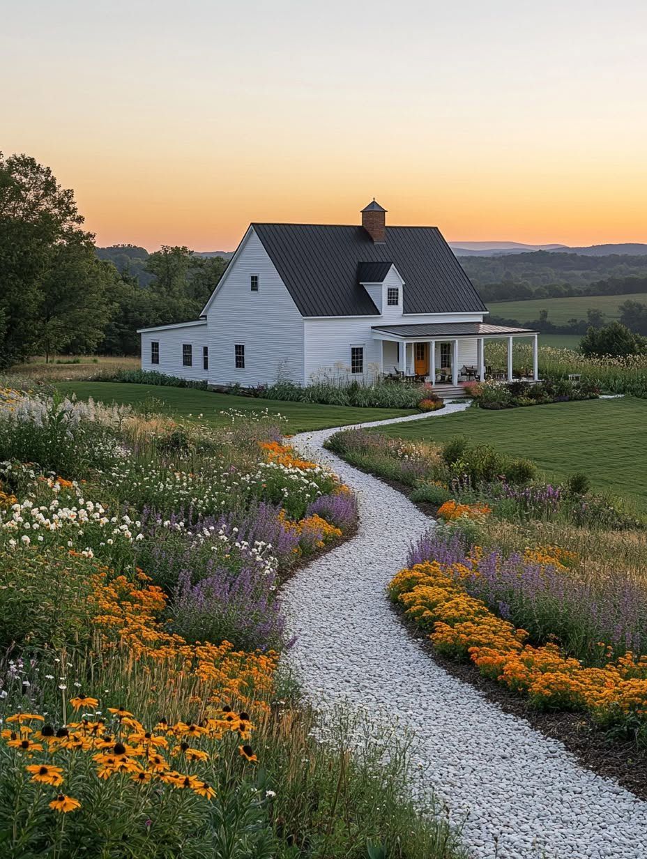 A white farmhouse with a black roof and front porch sits at sunset, surrounded by wildflowers and a curved gravel path, in a rural landscape.