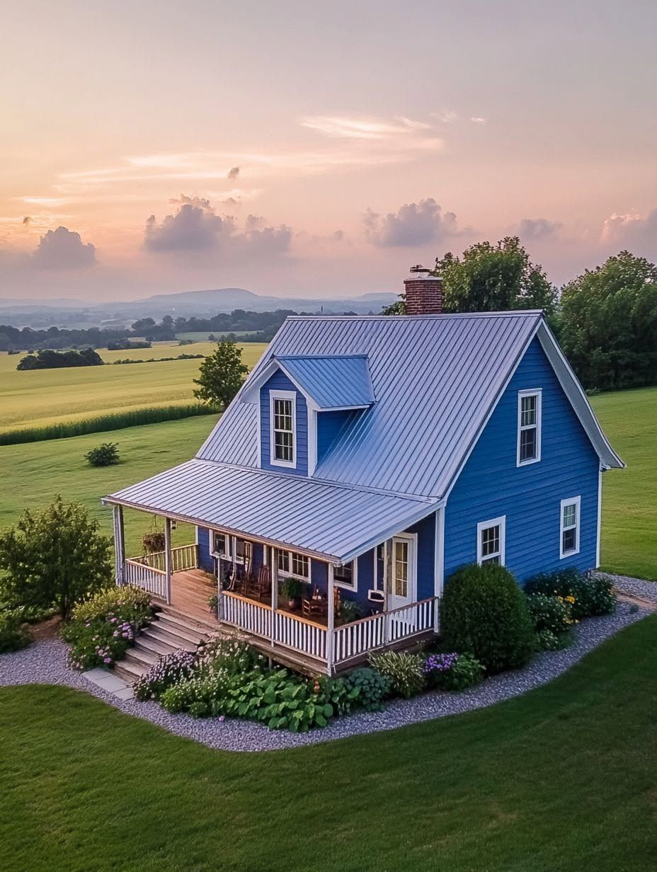 A small blue house with a front porch sits in a green field under a pastel sunset sky, surrounded by landscaped plants and trees.