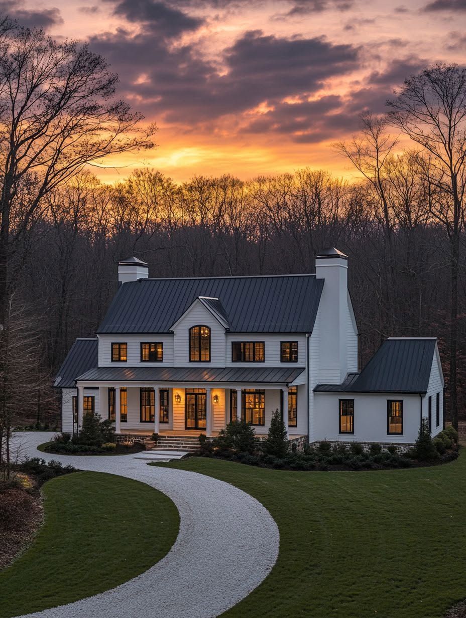 A two-story white house with a dark roof and lit windows sits among trees at sunset, with a curved gravel driveway and manicured lawn in front.