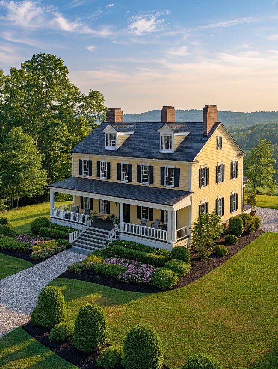 A large yellow colonial-style house with white trim, a covered porch, and manicured landscaping, set on a green lawn with trees and hills in the background.