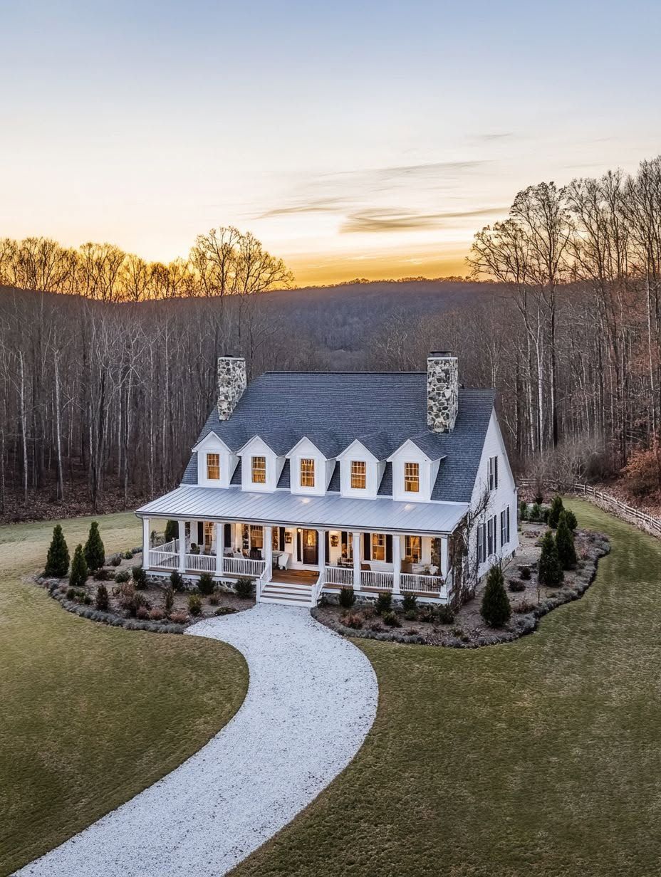 A white two-story house with a wraparound porch, stone chimneys, and lit windows, set on a large lawn with a curved gravel driveway and surrounded by trees at sunset.