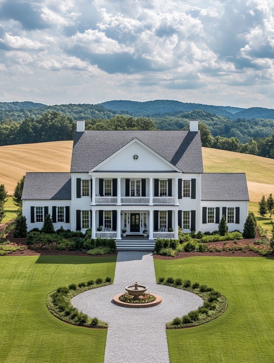 White two-story house with columns and a wraparound porch, surrounded by manicured lawns, a circular driveway with a fountain, and fields and hills in the background under a partly cloudy sky.