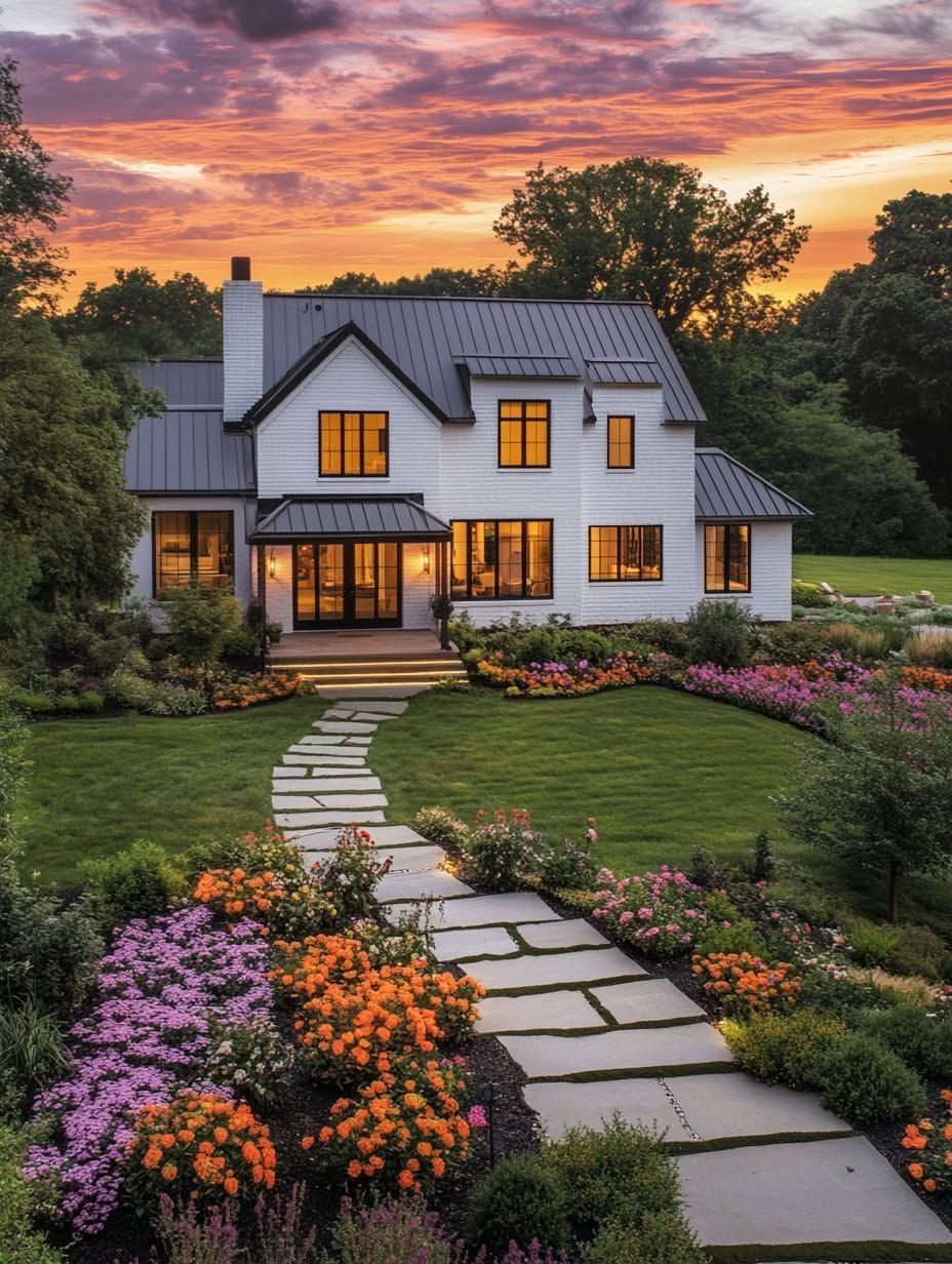A white two-story house with a dark metal roof, illuminated windows, and a stone path leading through a landscaped garden with colorful flowers at sunset.