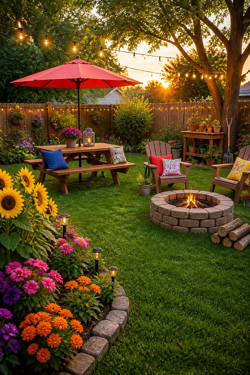 Backyard with a fire pit, Adirondack chairs, picnic table with red umbrella, and blooming flowers at sunset. String lights hang above, creating a cozy outdoor setting.