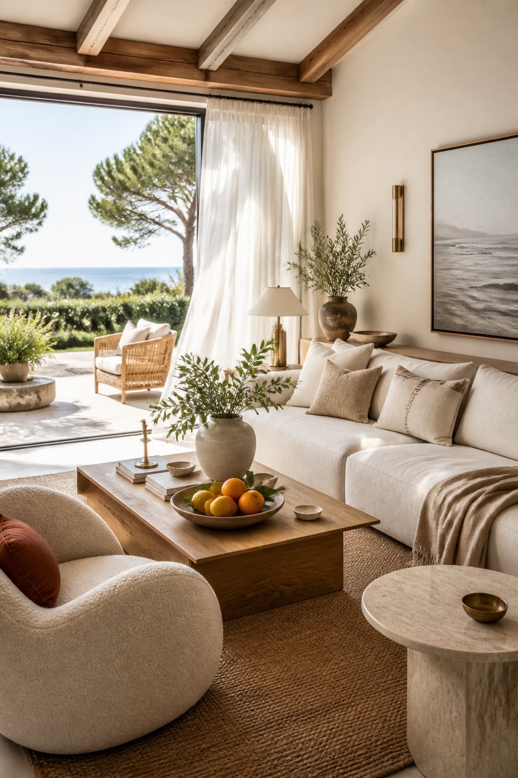 Bright living room with neutral furniture, a wooden coffee table holding a fruit bowl and vase, large glass doors open to a patio with greenery and a distant view of trees and water.