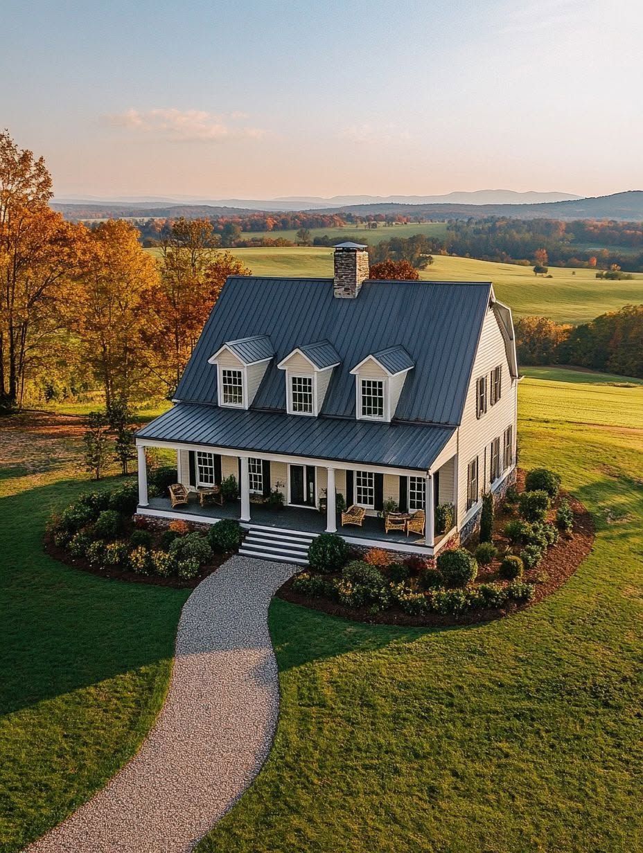 A two-story farmhouse with a dark metal roof, dormer windows, and a wraparound porch sits on a large, landscaped lawn with a curved gravel path, surrounded by autumn trees and open fields.