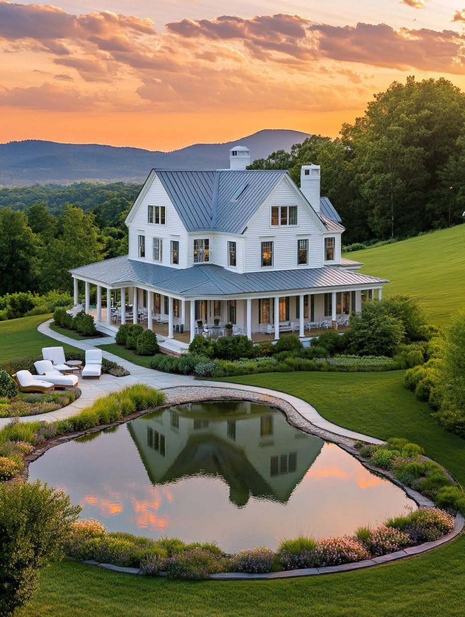 A white farmhouse with a wraparound porch sits by a small pond, surrounded by green lawns and trees, with mountains and a sunset in the background.