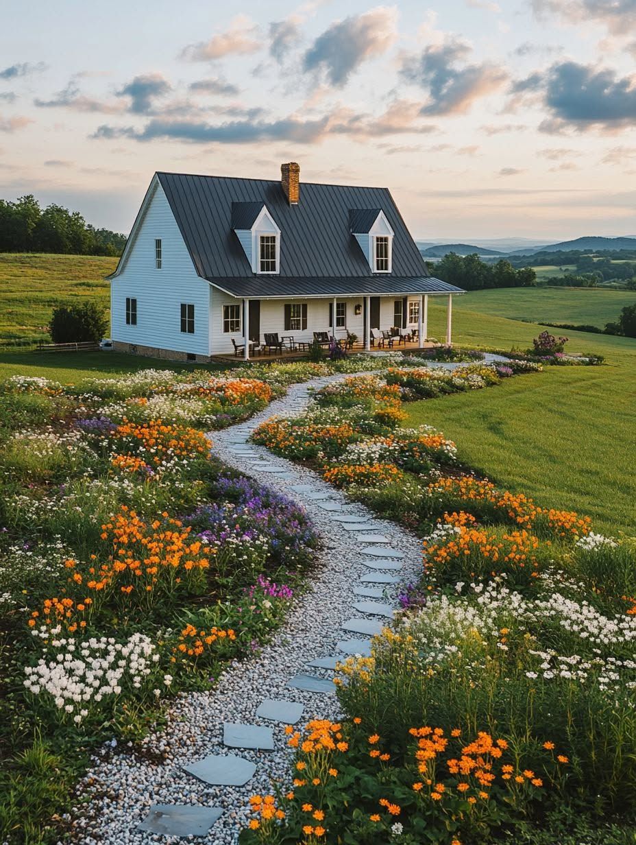 A white farmhouse with a dark roof sits at the end of a stone path, surrounded by colorful wildflowers and green fields under a partly cloudy sky.