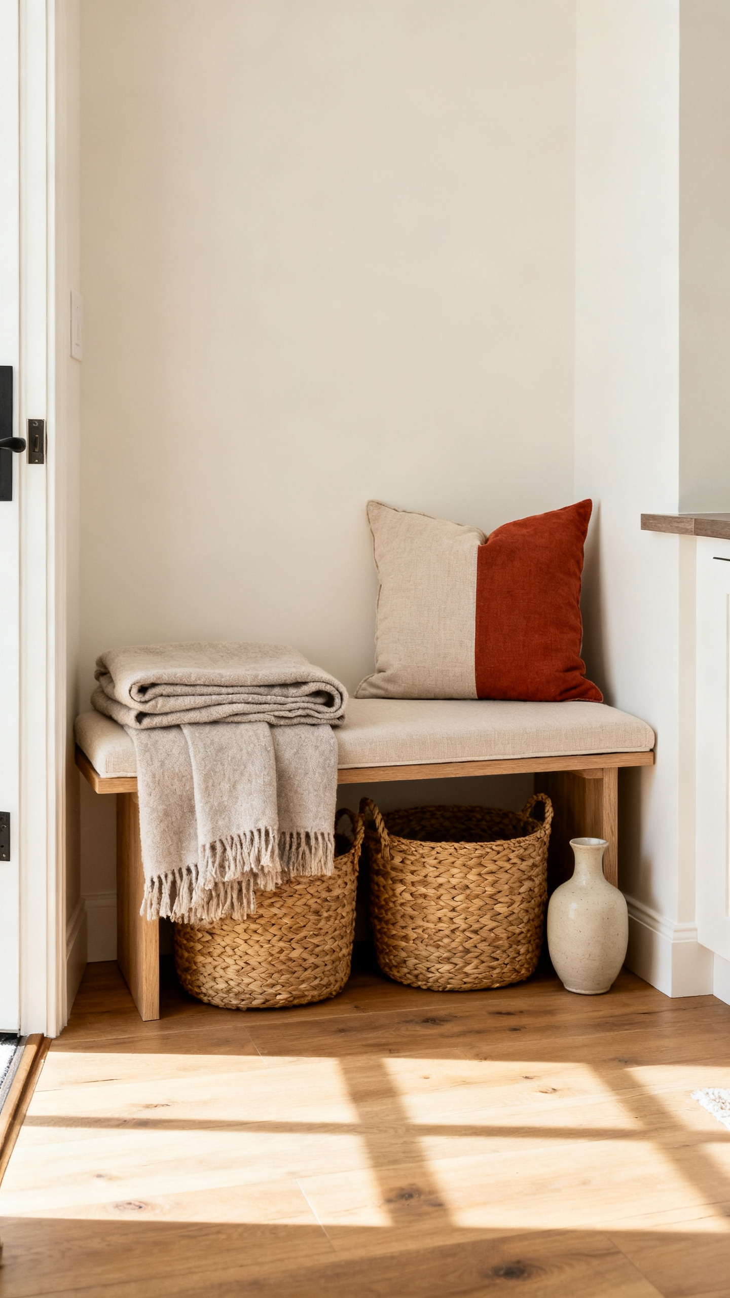 Early fall decor entry bench with woven baskets and a folded cozy blanket