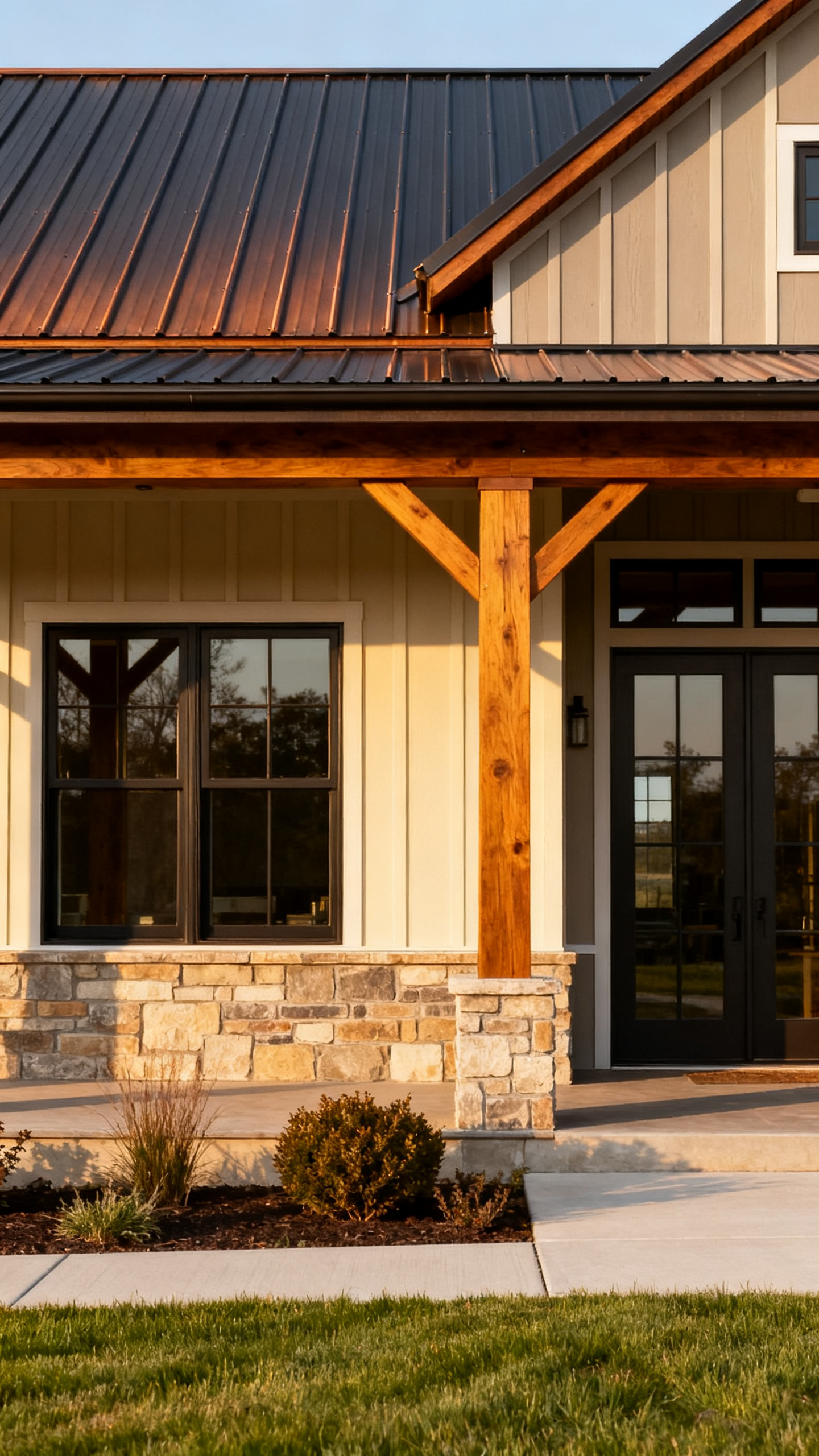 Ohio barndominium exterior with metal roofing, warm wood porch accents, and large windows