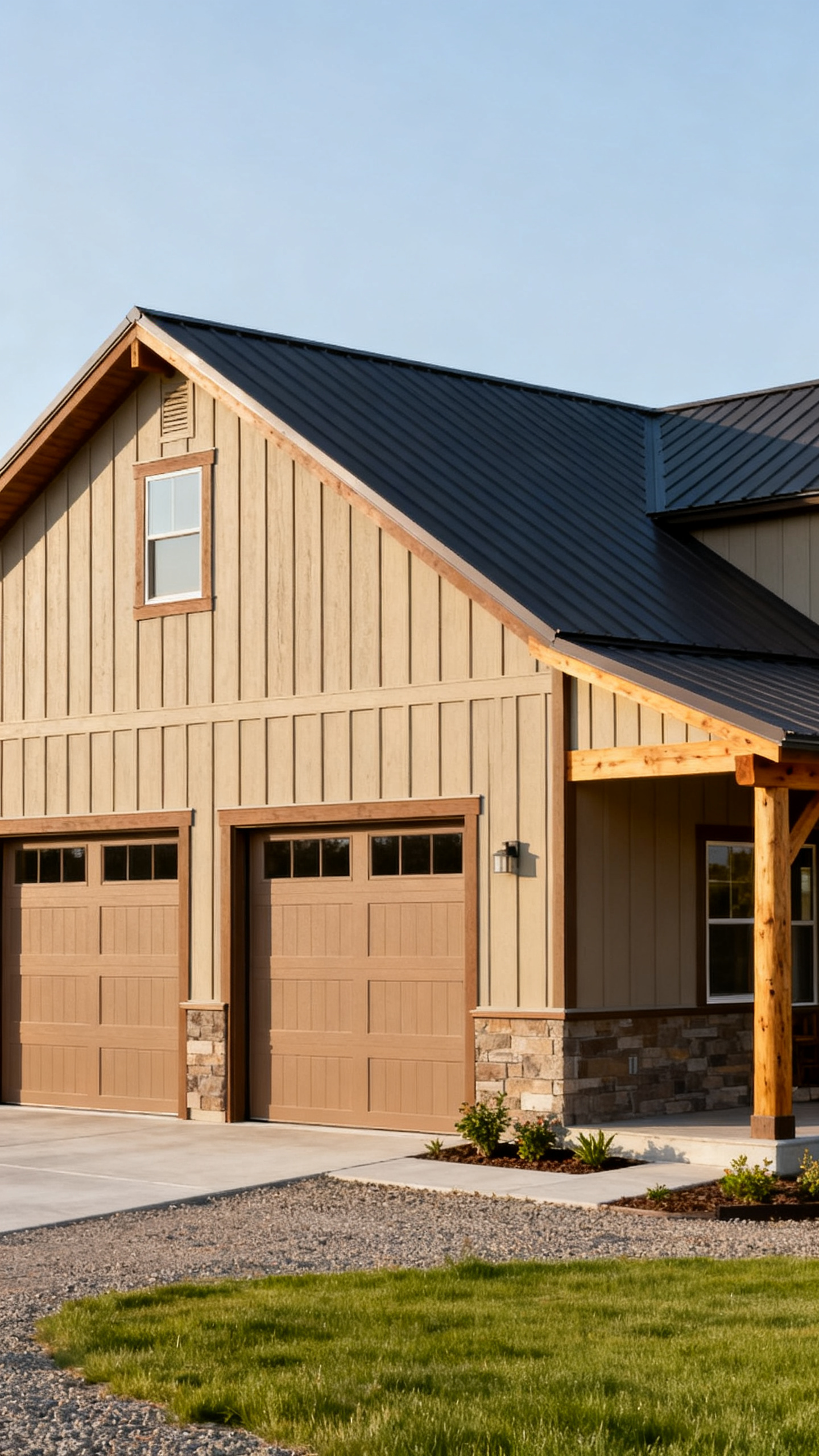 Integrated garage design on an Idaho barndominium with balanced front elevation