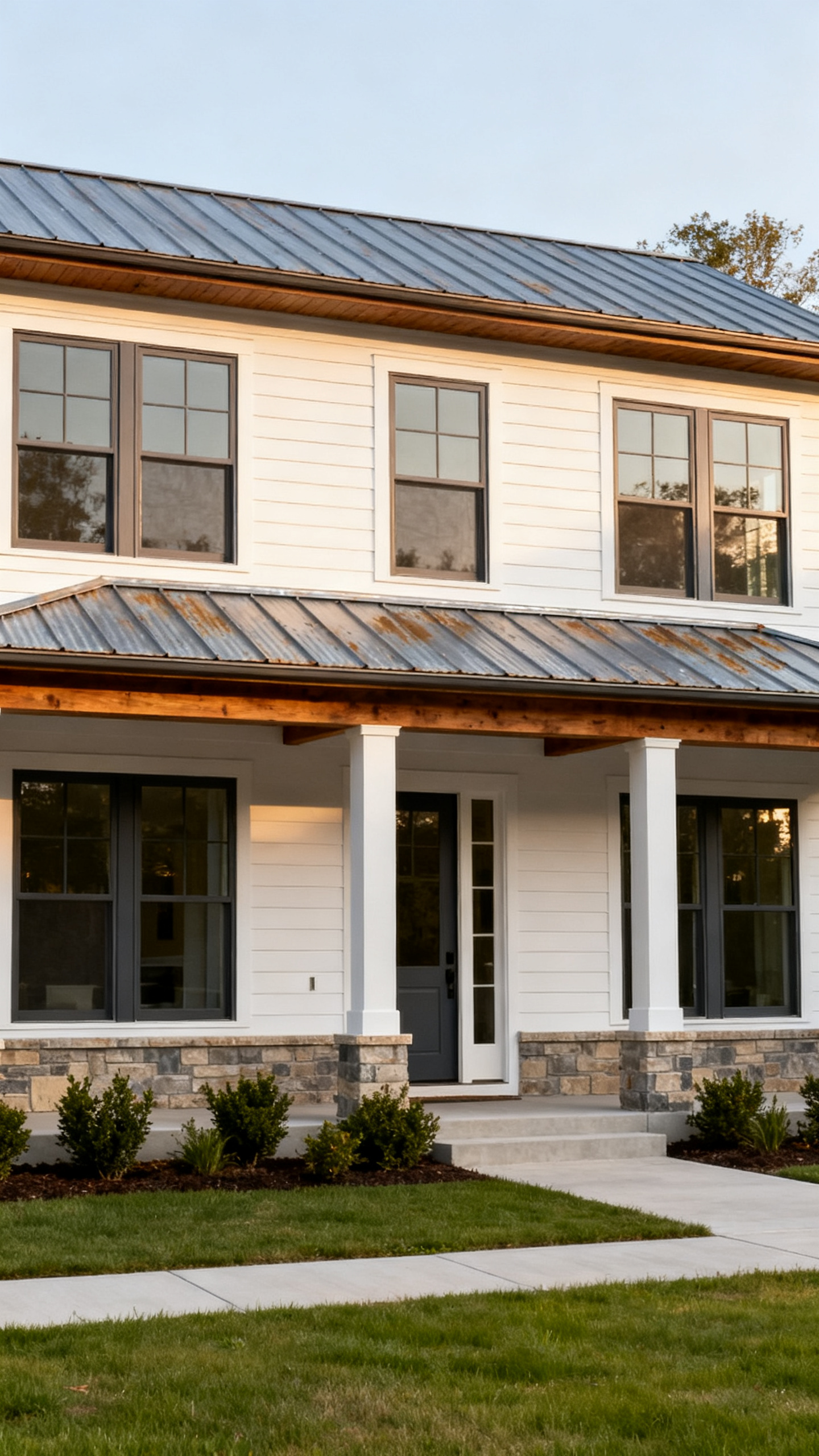 Balanced Columbia barndominium facade with siding, entry, windows, and grounded foundation