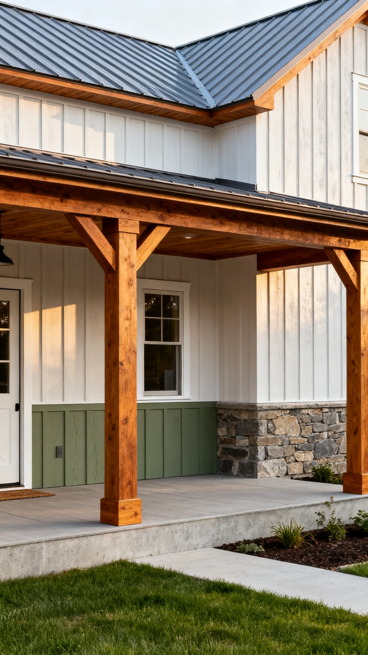 Barndominium exterior materials with metal roof, board-and-batten siding, and warm wood accents