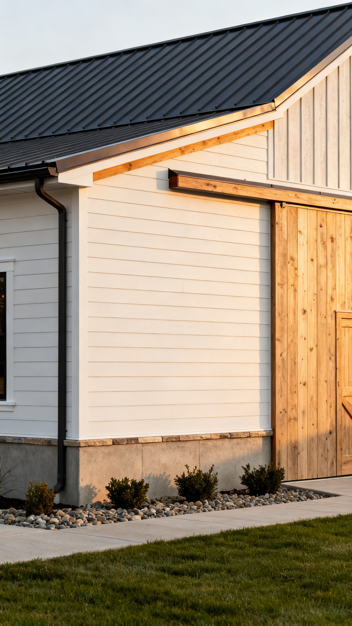 Columbia barndominium exterior materials with metal roof, siding texture, and wood accents