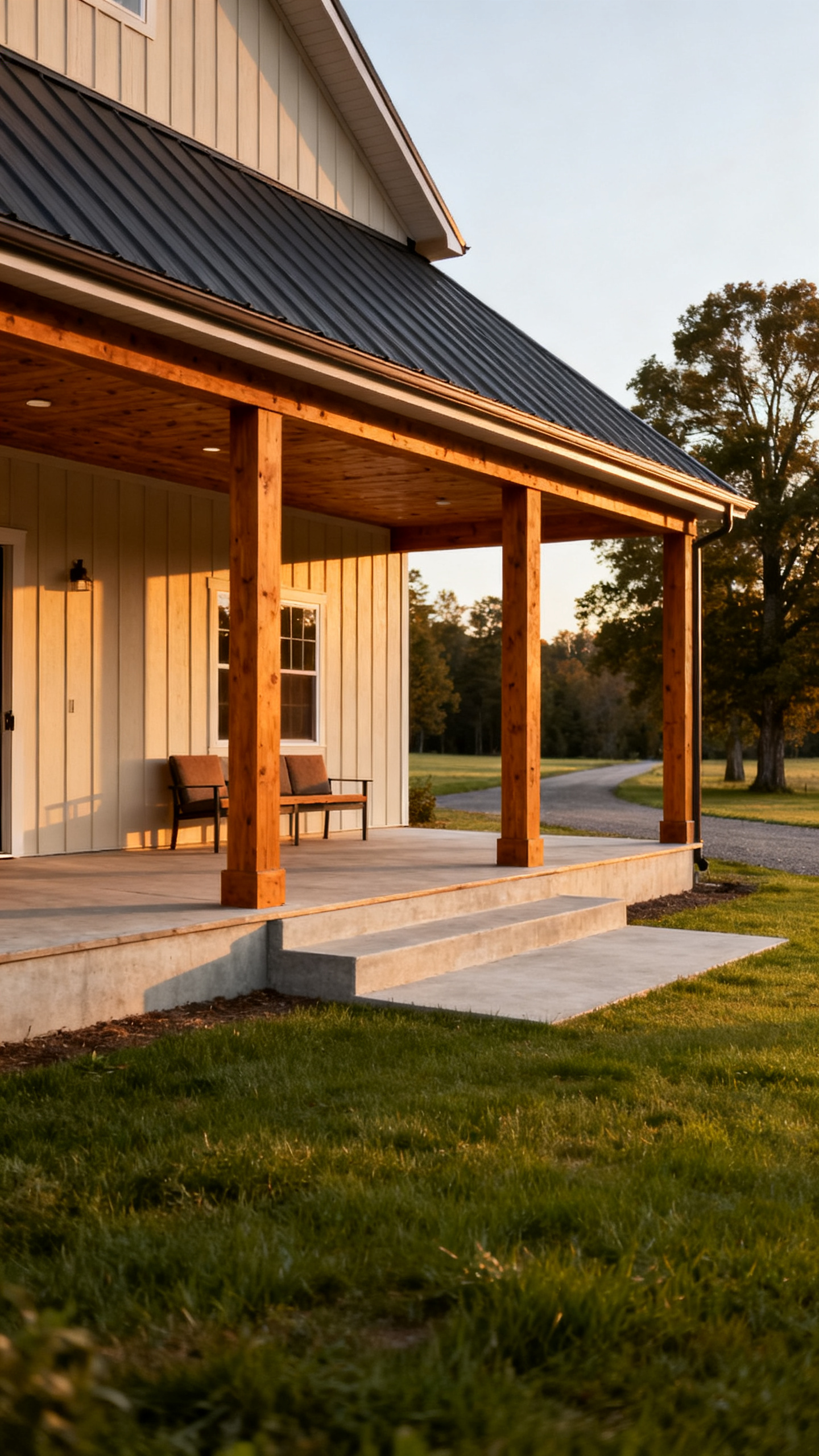 Virginia barndominium with a deep covered porch and open rural lawn