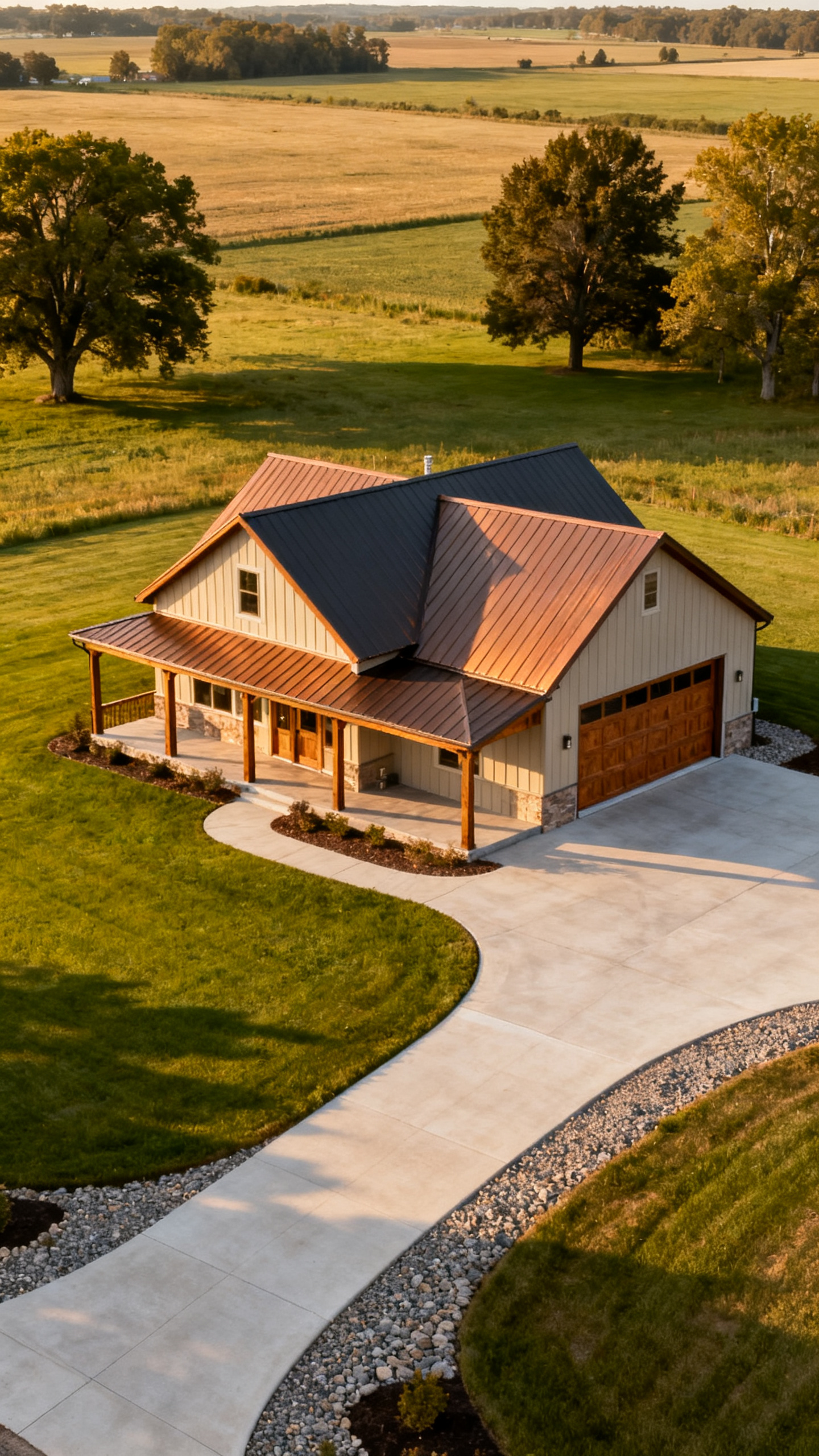 Ohio barndominium aerial view showing full property layout, driveway, lawn, and surrounding rural land