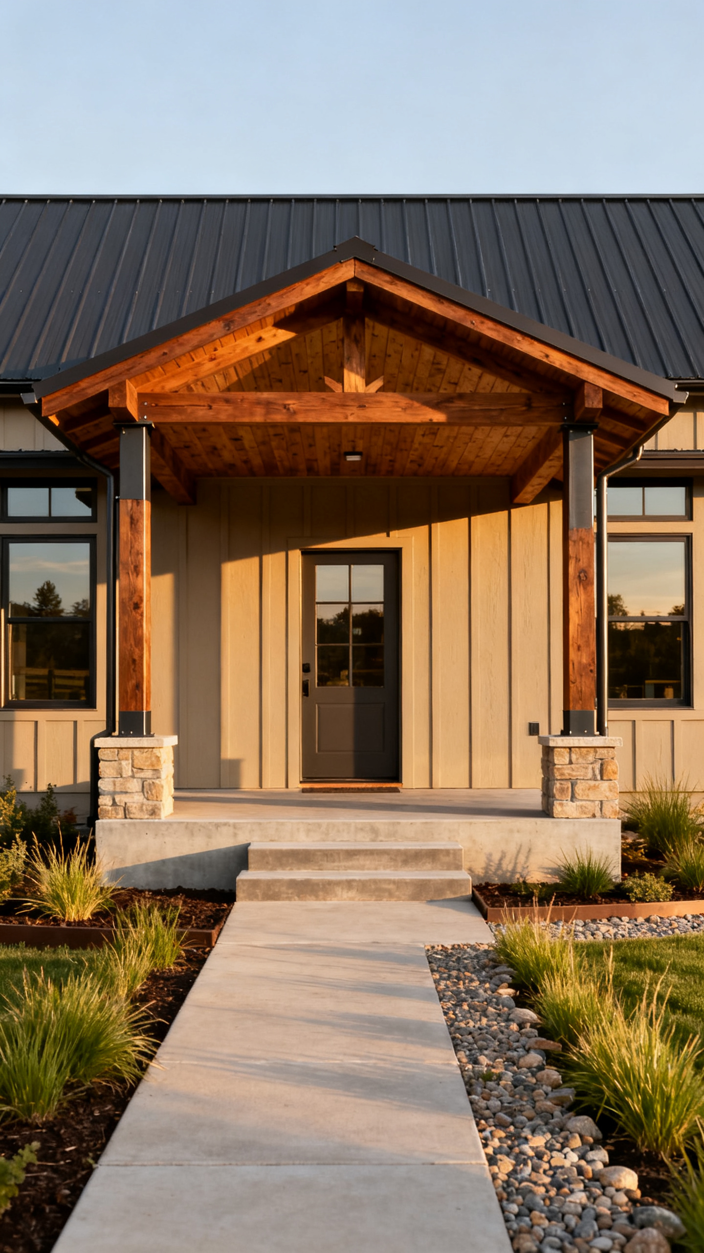 Colorado barndominium covered porch with timber posts and warm exterior details