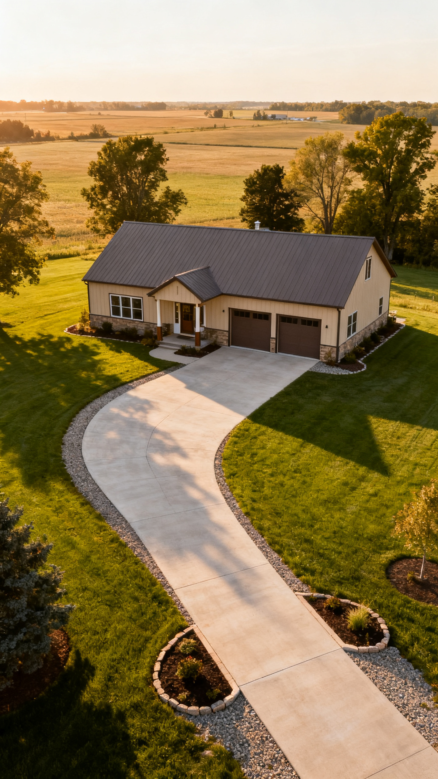 Ohio barndominium aerial view with curved driveway, lawn, garage access, and rural setting