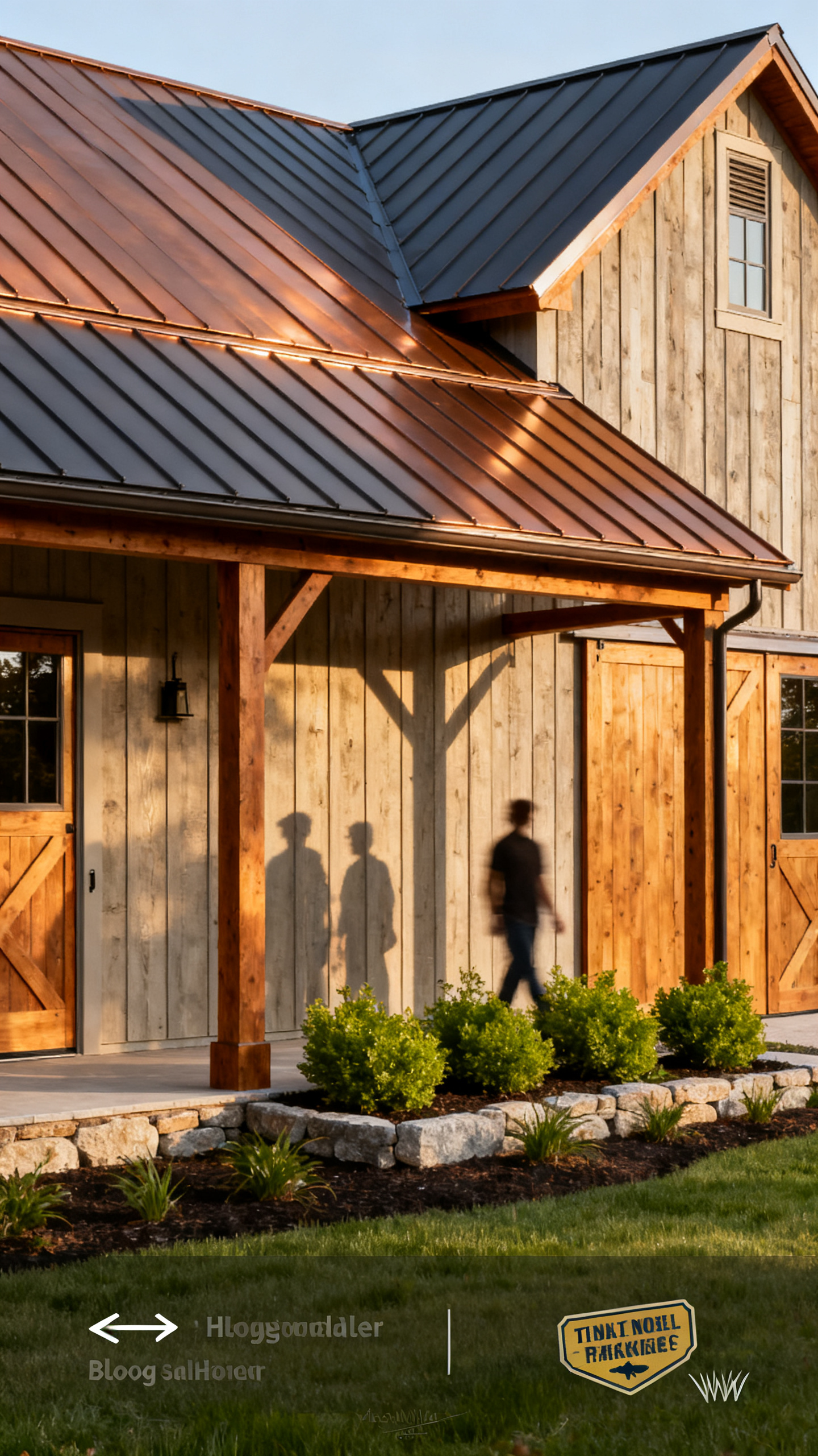 Exterior materials on a Massachusetts barndominium with wood, neutral siding, and metal roof