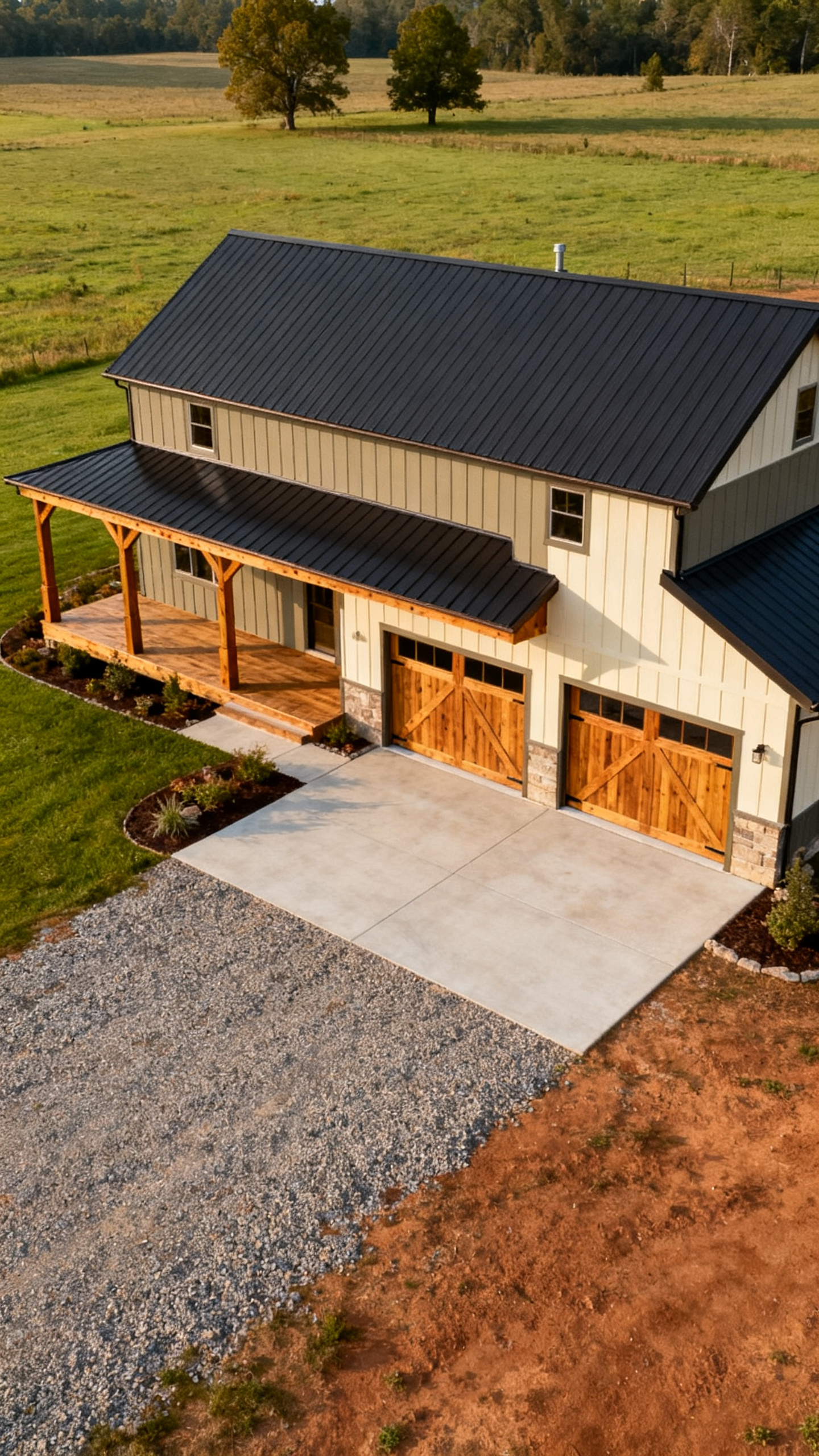 Arkansas barndominium with metal roof, neutral siding, and natural wood exterior details