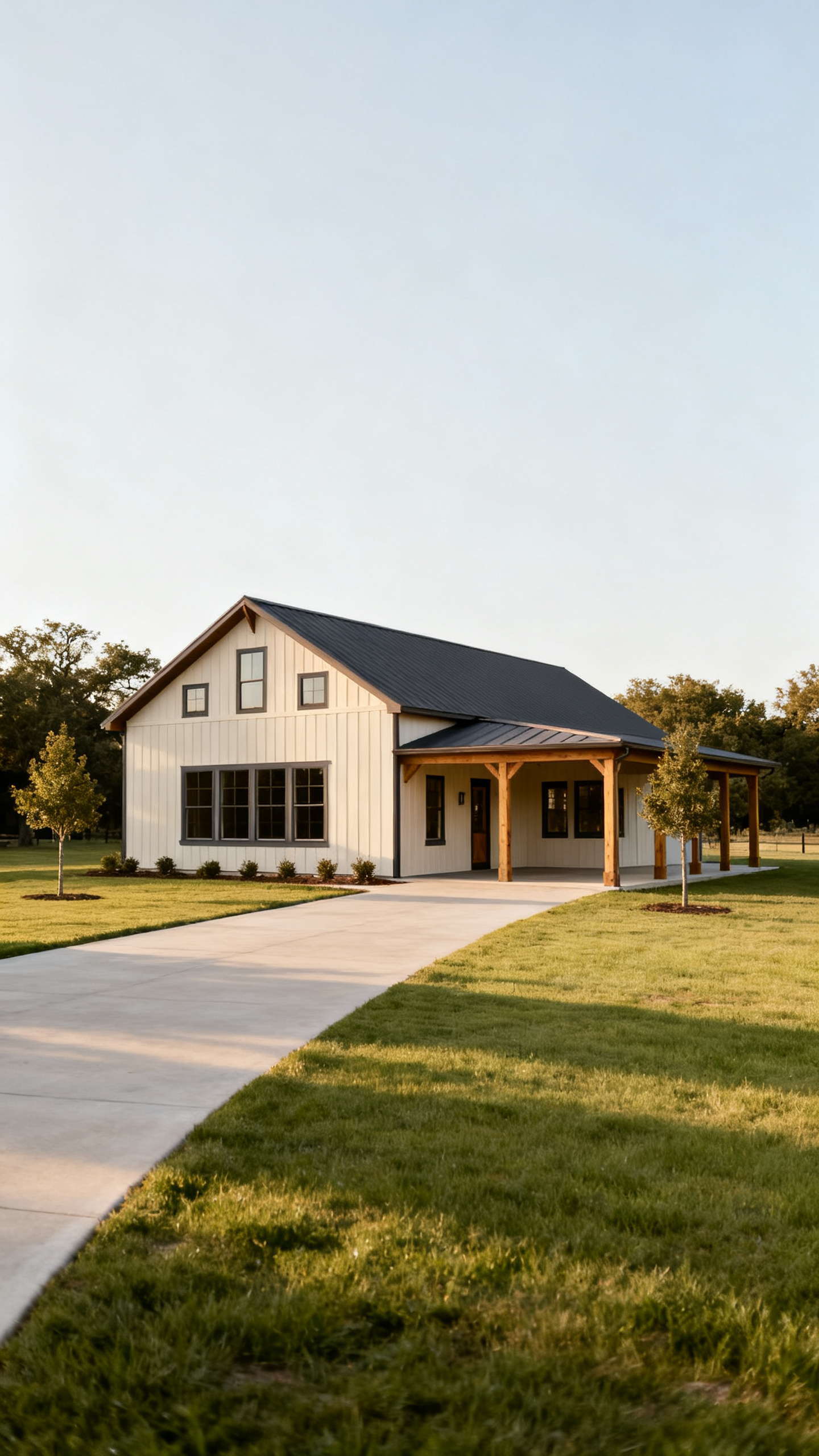 Clean-lined Texas barndominium exterior with simple gables and tidy landscaping