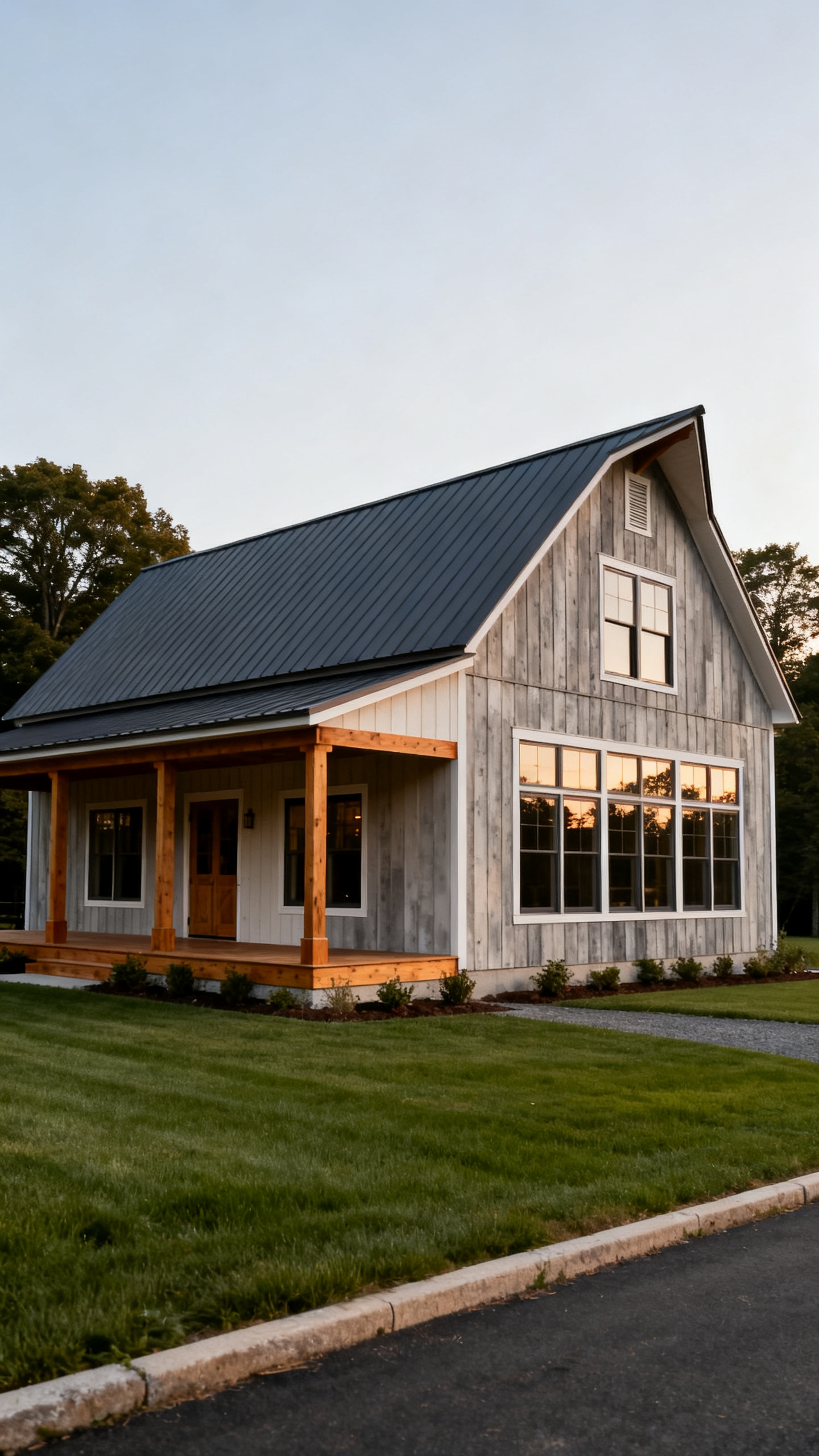 Well-proportioned Connecticut barndominium exterior with clean gables and covered porch