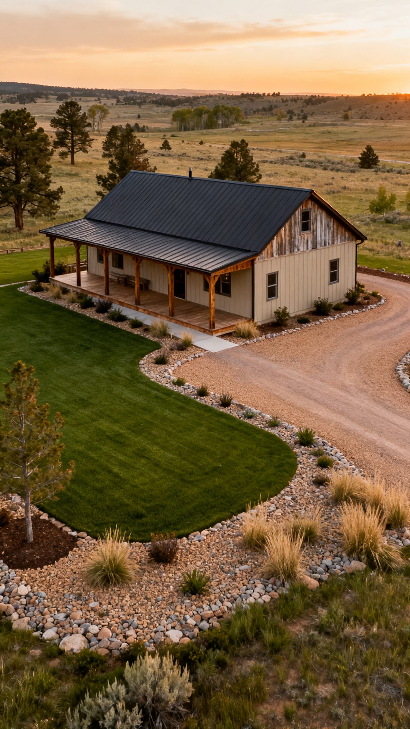 Colorado barndominium with simple landscaping gravel driveway and native grasses