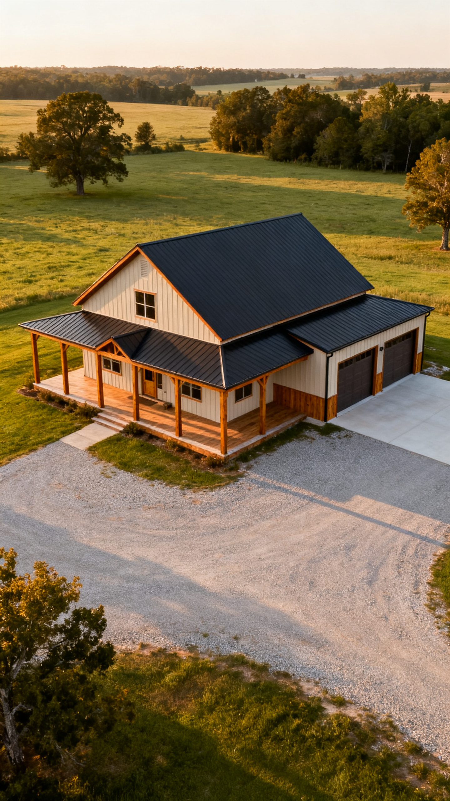 Arkansas barndominium with simple metal rooflines shown from a high aerial angle